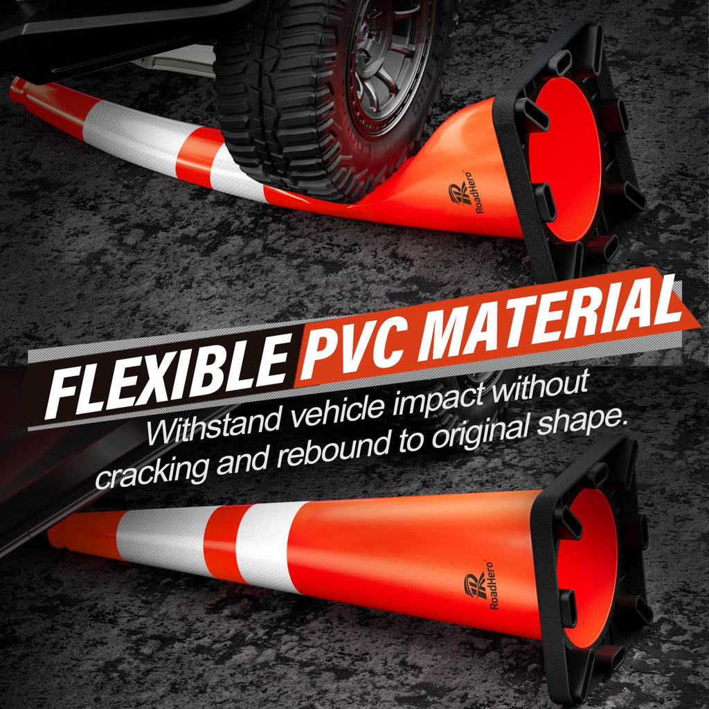 RoadHero 4 Pack Traffic Safety Cones 18 Inch with Black Weighted Base, Plastic PVC Cone, Orange Cones with Reflective Collar, Cones for Parking Lot, Construction Events, Road Safety