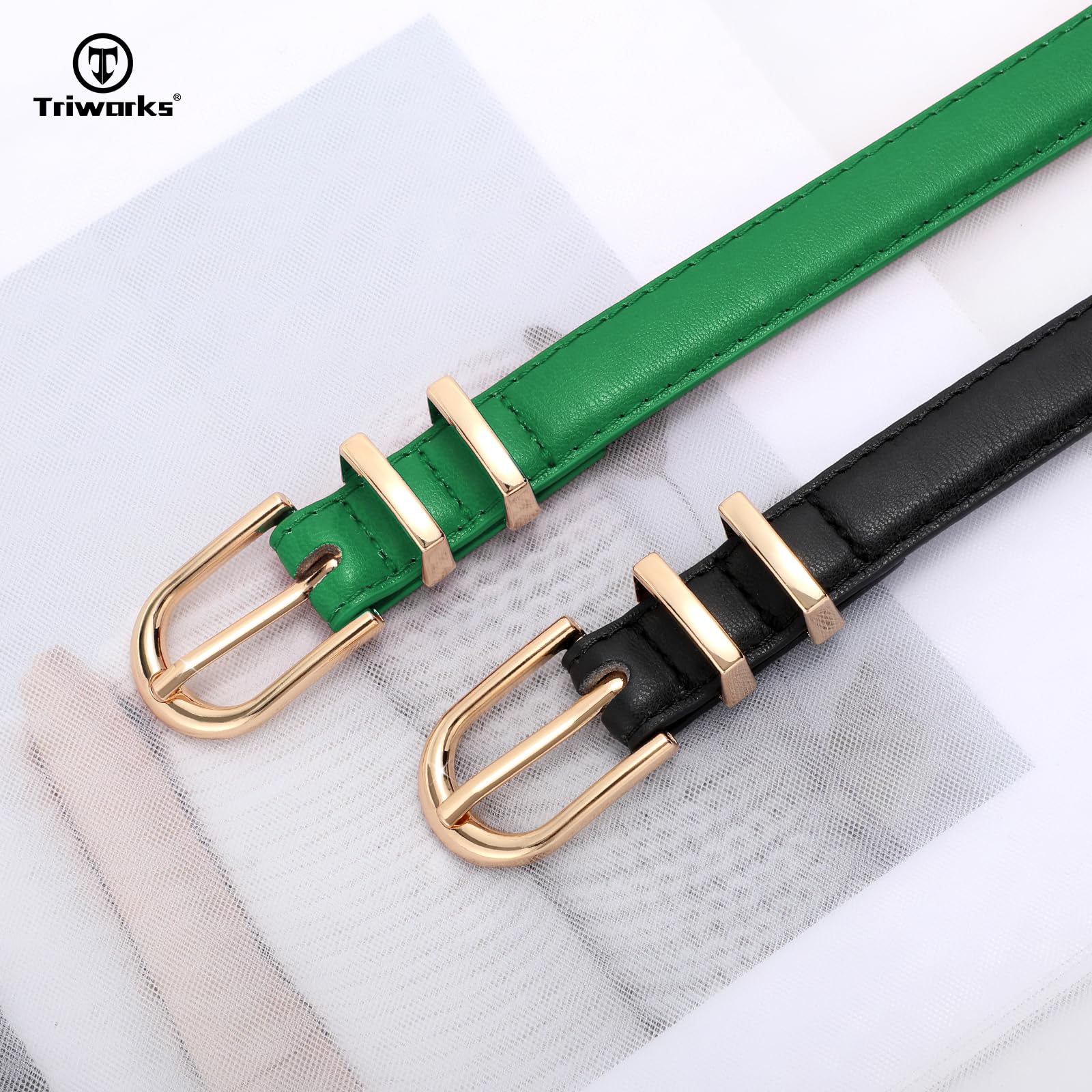 TRIWORKS 2 Pack Women Skinny Leather Belts for Jeans Pants Thin Faux Leather Belt with Gold Buckle