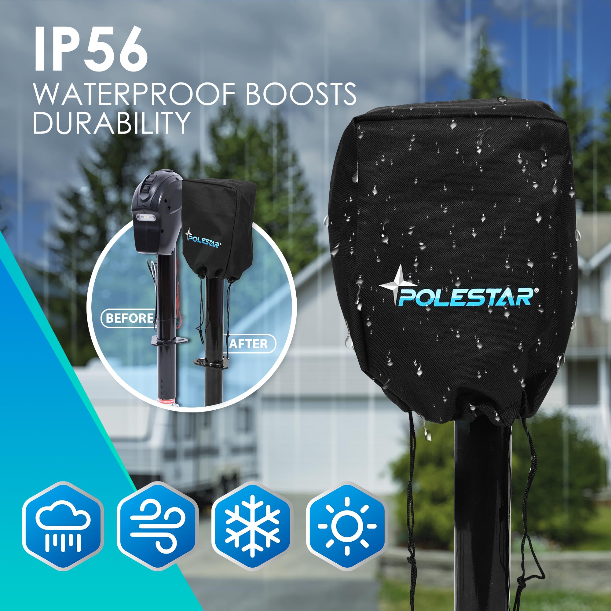 POLESTAR Electric Trailer Jack, 3500lbs Electric Power A- Frame Tongue Jack with Waterproof Protective Cover & LED Light for Travel Trailer Camper, RV, 12V DC with Hard Wiring, 9"-27" Lift