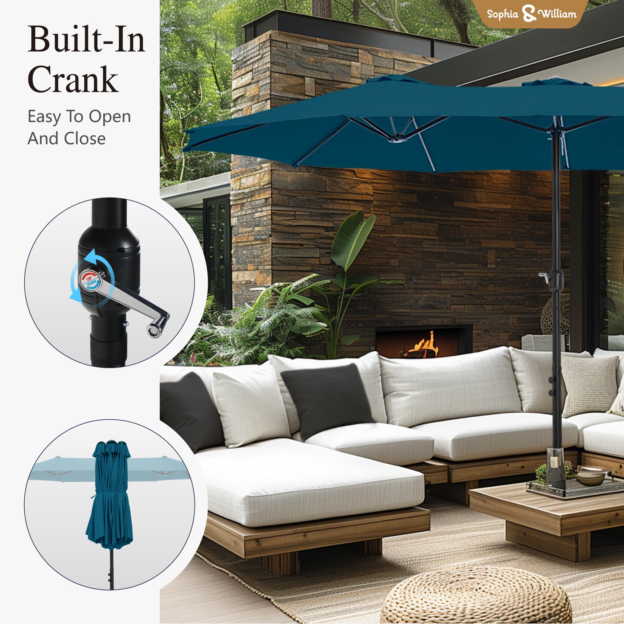 Sophia & William 15 ft Extra Large Patio Umbrella with Base Included, Rectangular Outdoor Umbrella Heavy Duty, Market Umbrella Double-sided Fade Resistant for Pool Garden Backyard, Beige