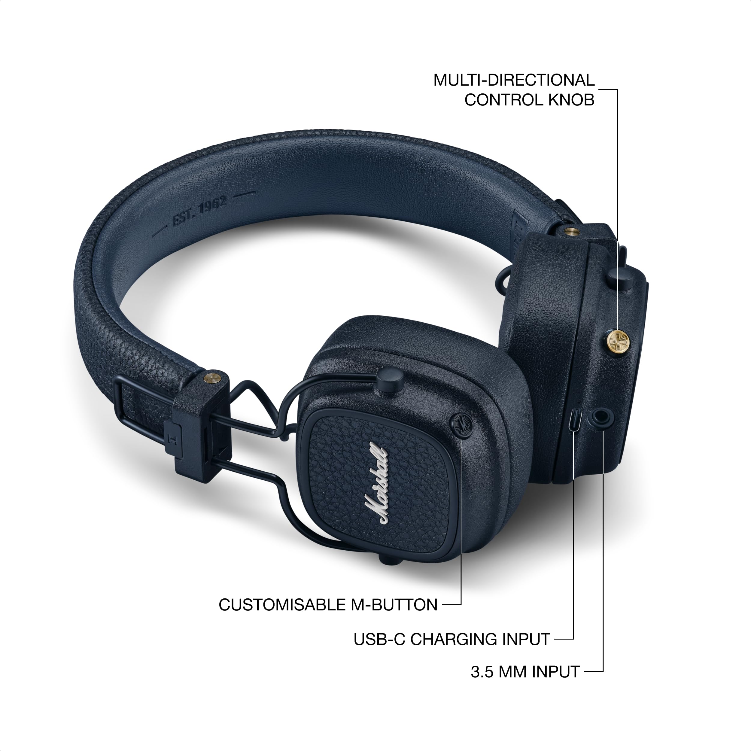 Marshall Major V Wireless On-Ear Bluetooth Headphones - 100+ Hr Playtime | Detachable Audio Cable | Microphone for Calls | Lightweight, Foldable Design for Travel - Black