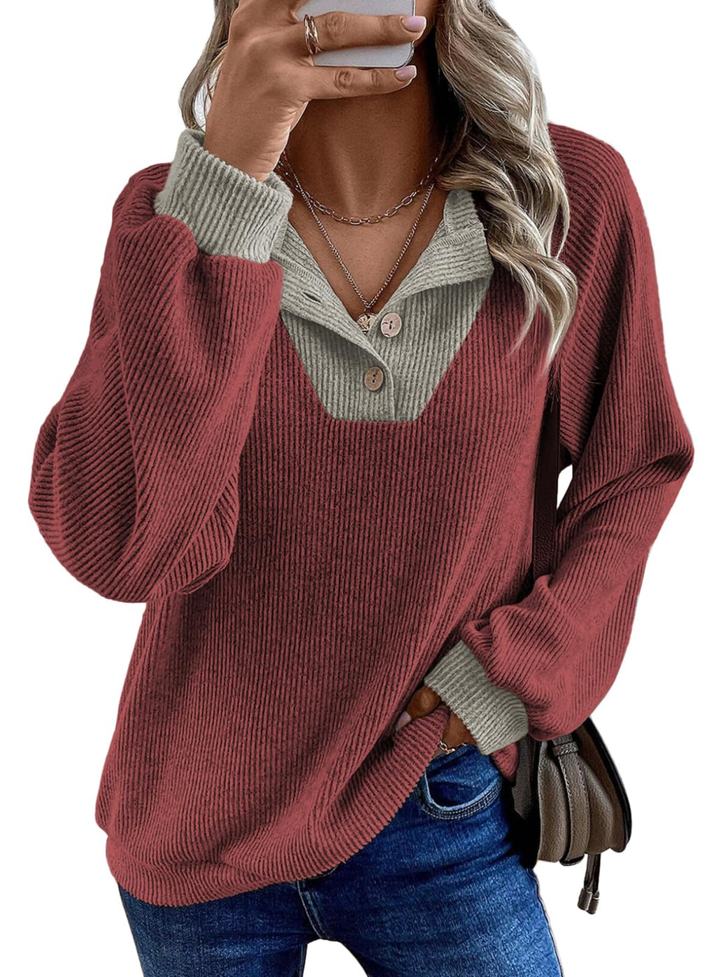 EVALESS Womens Fall Fashion 2026 Womens Long Sleeve Shirts Patchwork Button Up V Neck Sweatshirt Casual Pullover Tops