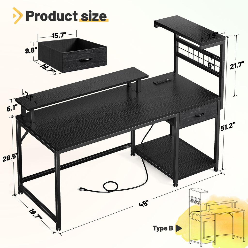 EnHomee 40" Gaming Desk with Power Outlets & LED Lights, Computer Desk with Drawer & Storage Shelve, Home Office Desk with Monitor Stand for Living Room, Study Room, Gaming Room, Black