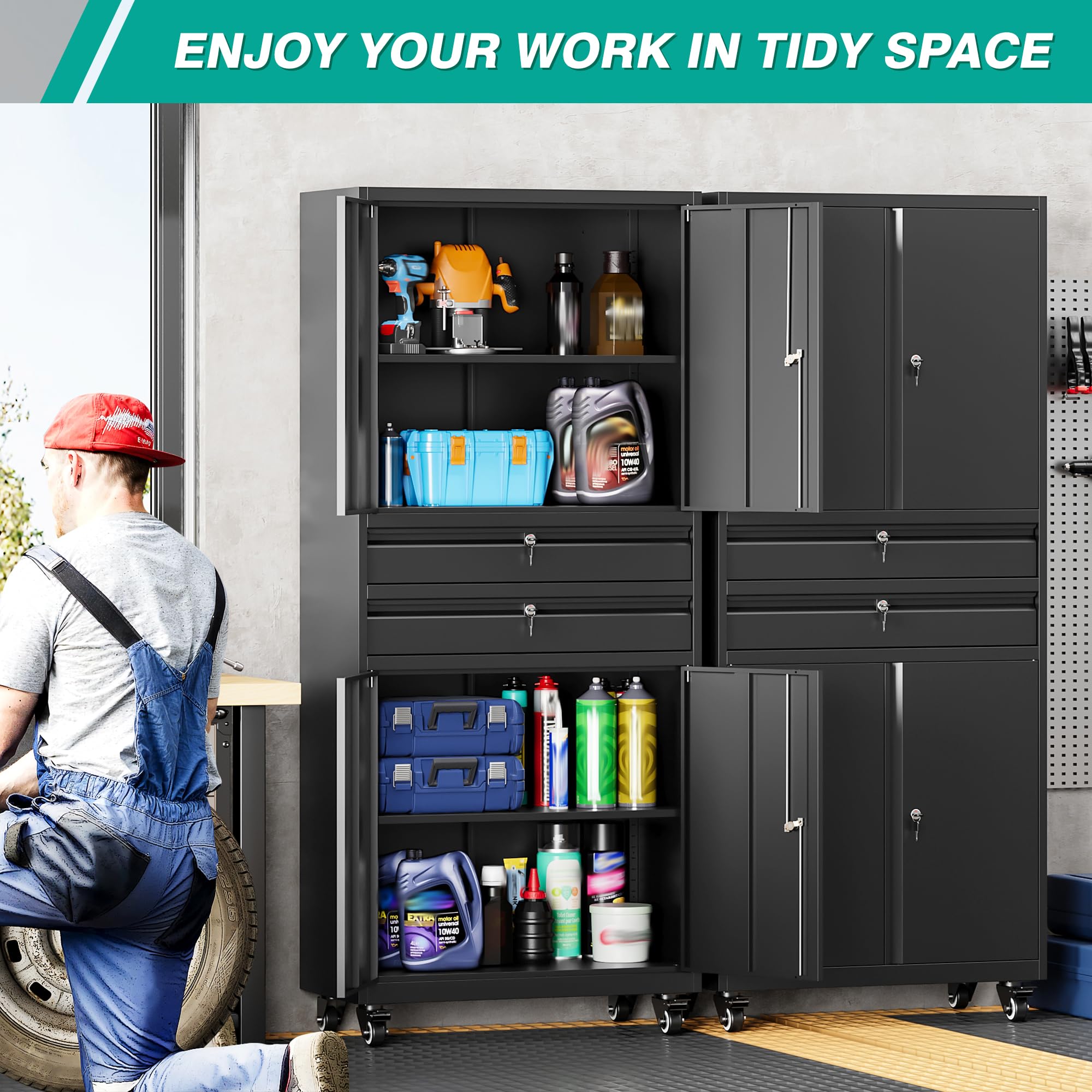 SISESOL Wide & Deep Metal Storage Cabinet with Wheels,Tall Rolling Garage Storage Cabinet with Lock,Black Metal Cabinets with Pegboards and Shelves,Tool Locker for Garage,Home,Office,43''Wx 20''Dx71"H
