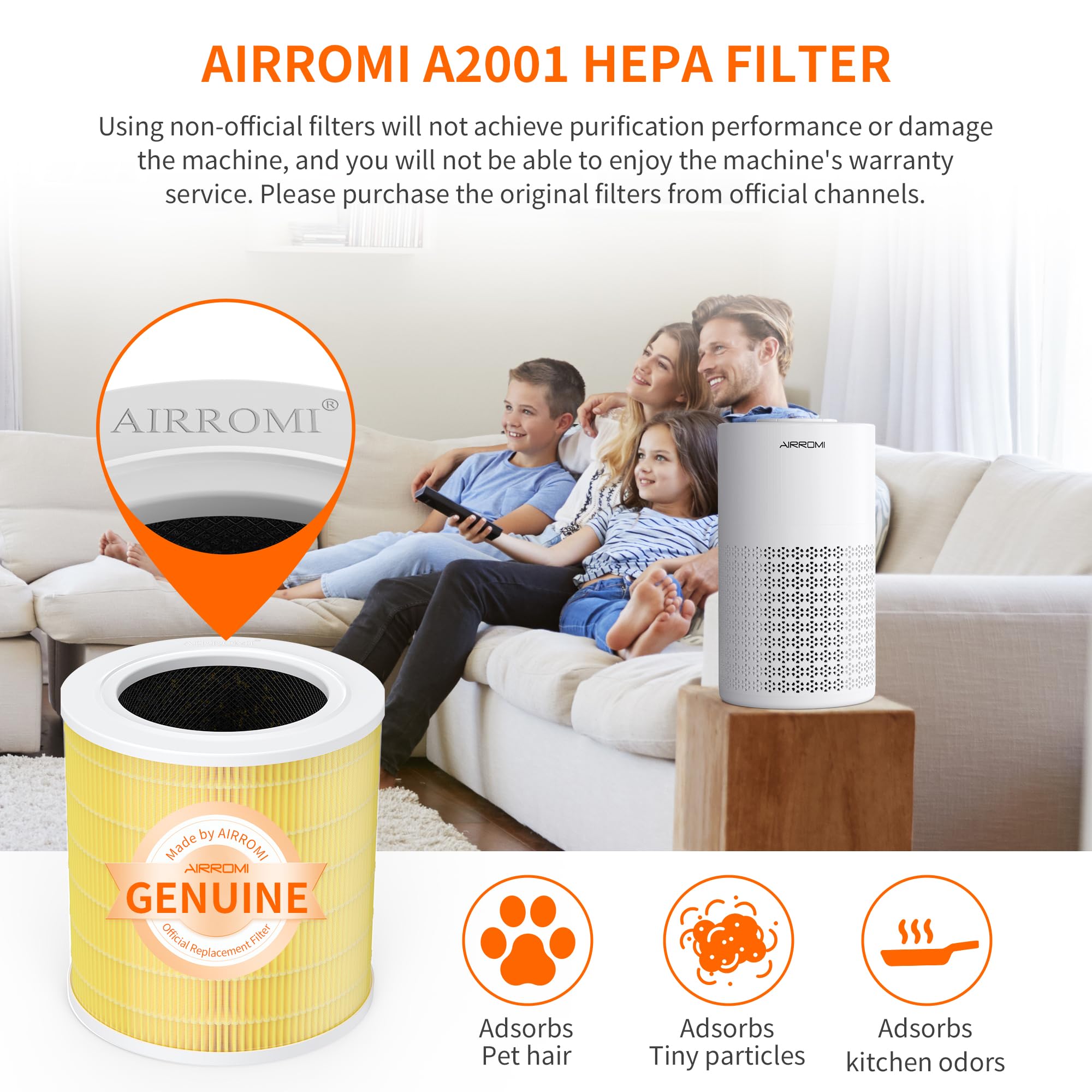 AIRROMI A2001 HEPA Air Purifier Replacement Filter, 3-In-1 Original Filter, Remove 99.97% of 0.3 Micron Particle 2 Pack White Activated Carbon