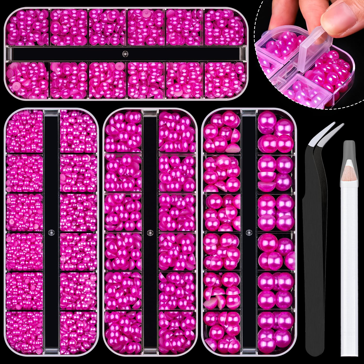 BELLEBOOST 5600pcs ABS Round Flat Back Beige Pearls Kit with Pickup Tools for Nail Art, Face, Body Decorations