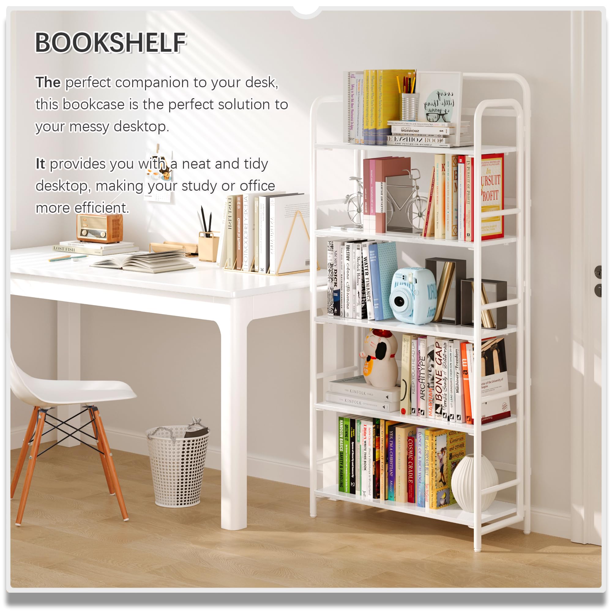4NM No Assembly Folding Bookshelf, 3 Tiers Collapsible Book Shelves Open Industrial Foldable Storage Bookcase Shelf for Bedroom, Living Room, Home Office - Natural and White