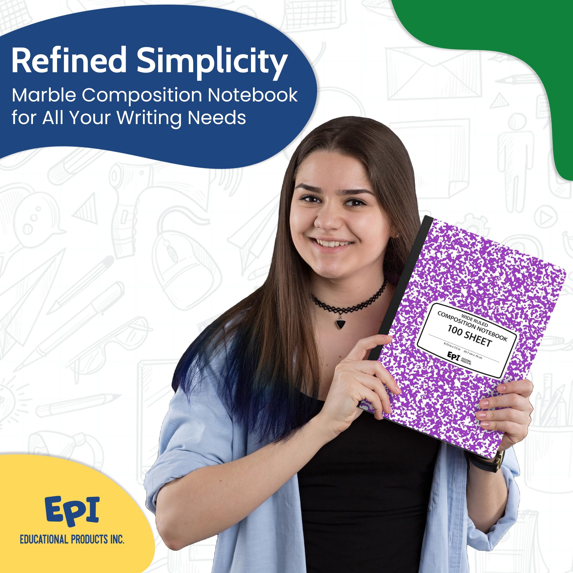 3 Pack - EPI Marble Hardcover Wide Ruled Composition Notebook | 200 Pages (100 Sheets), 9.75 x 7.5 in, Sturdy Sewn Binding | School, Office, Journaling, Notes