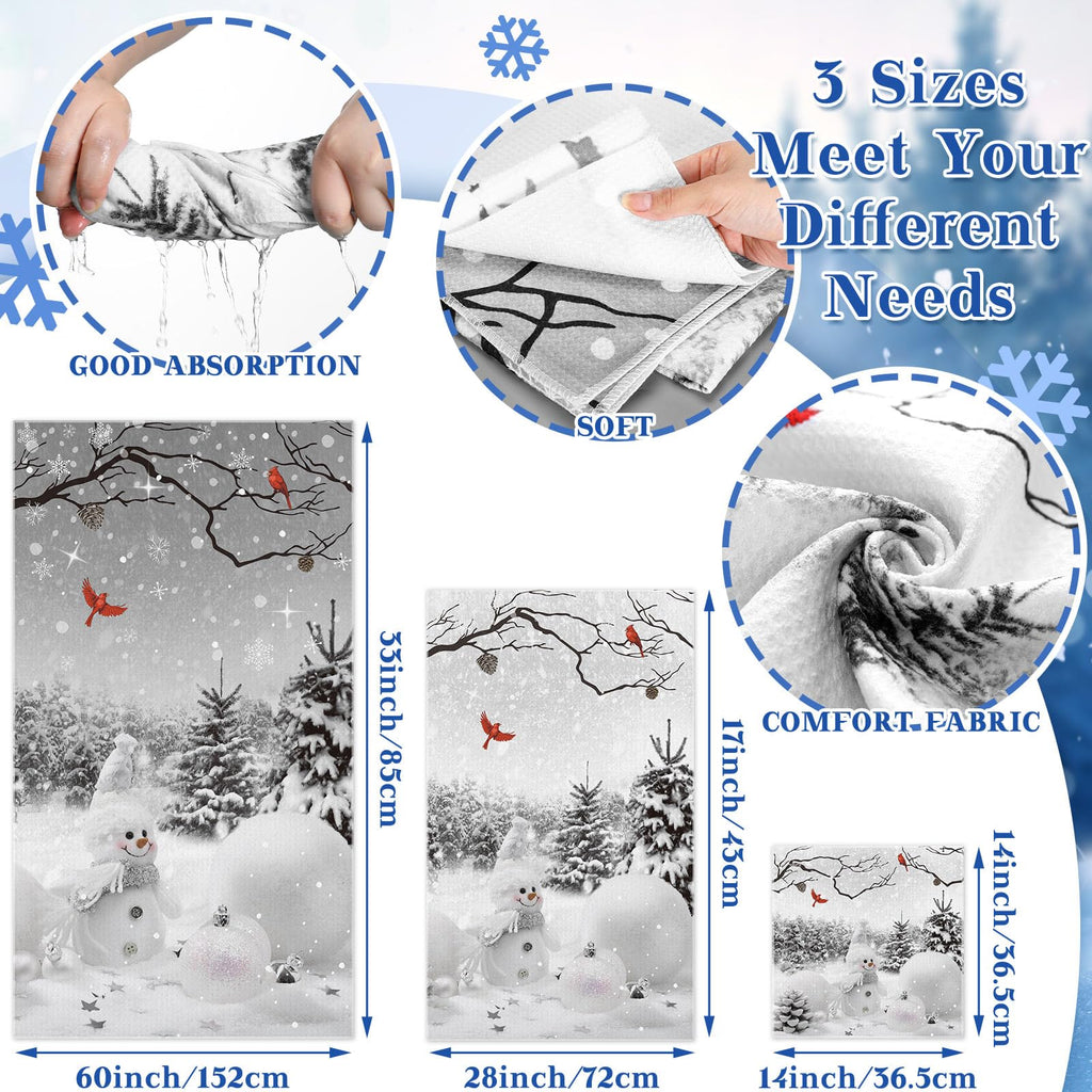 Preboun 3 Pack Christmas Gnome Bathroom Towels Set - Christmas Tree Hand Towels, Winter Snowflake Bath Towels, Soft Absorbent Dish Towels for Bathroom, Kitchen, Home, Hotel, Beach, Gym, Spa