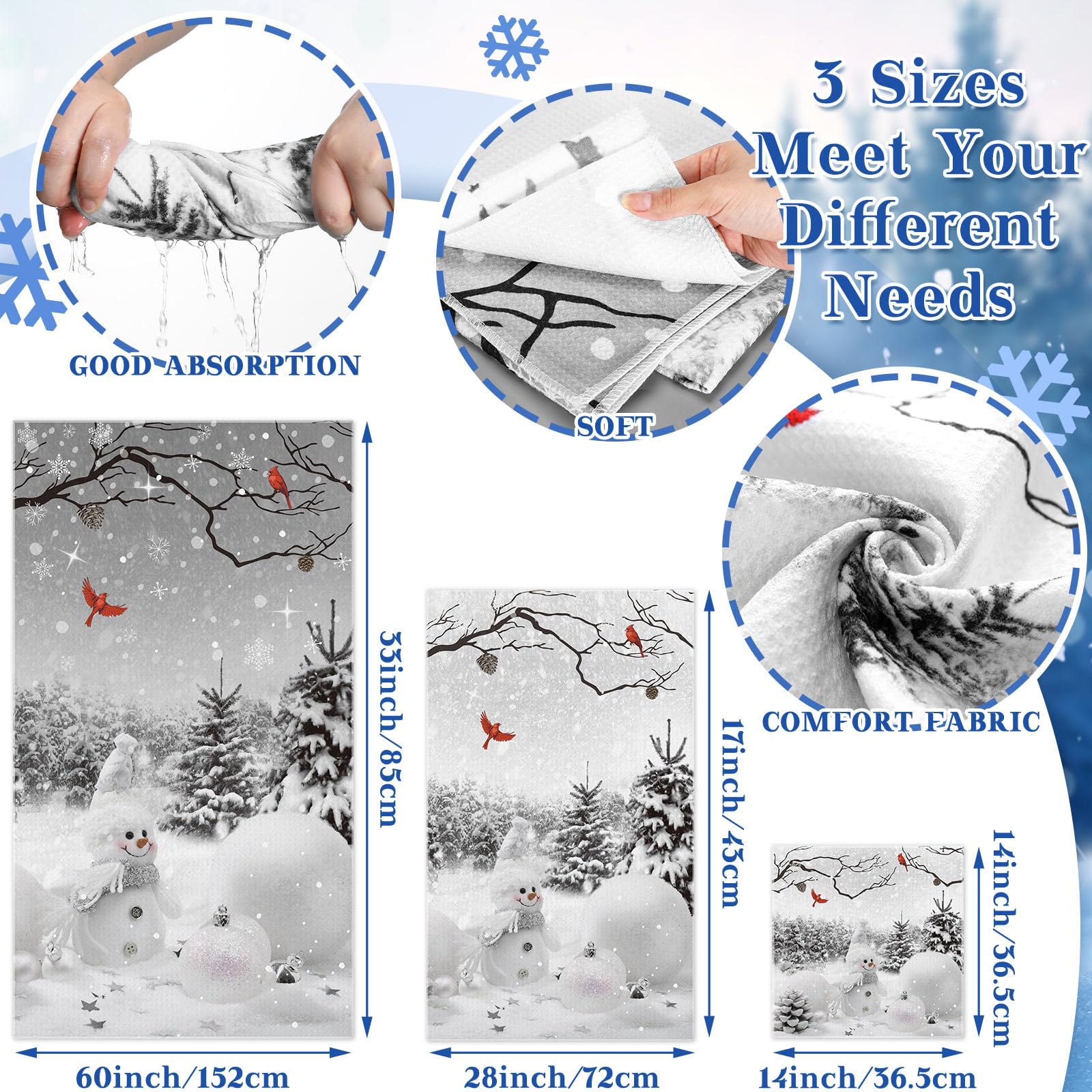 Preboun 3 Pack Christmas Gnome Bathroom Towels Set - Christmas Tree Hand Towels, Winter Snowflake Bath Towels, Soft Absorbent Dish Towels for Bathroom, Kitchen, Home, Hotel, Beach, Gym, Spa
