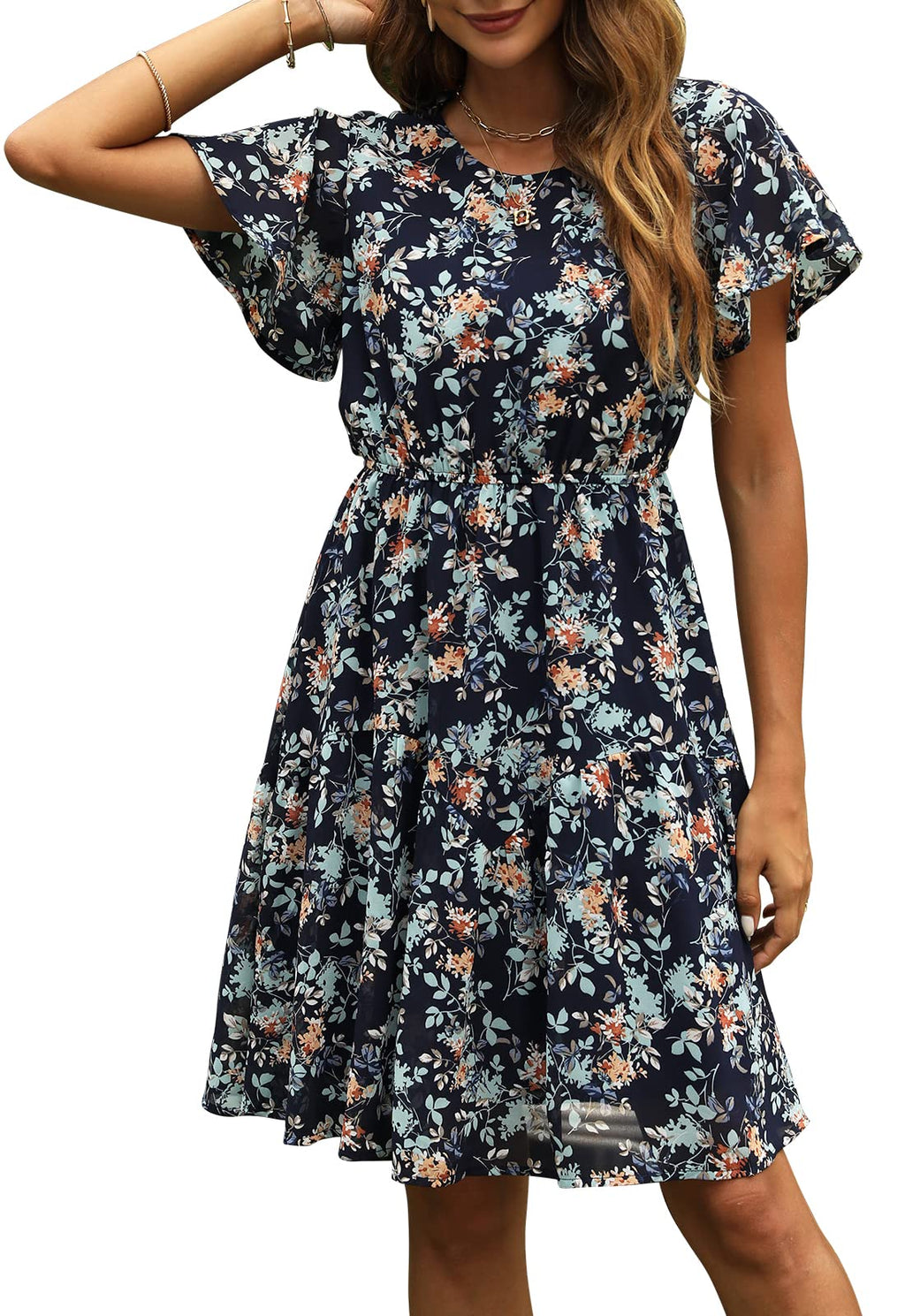 Manydress Women's Chiffon Floral Dresses Casual Summer Boho Flutter Sleeve Flowy Skater Western Dress MY112