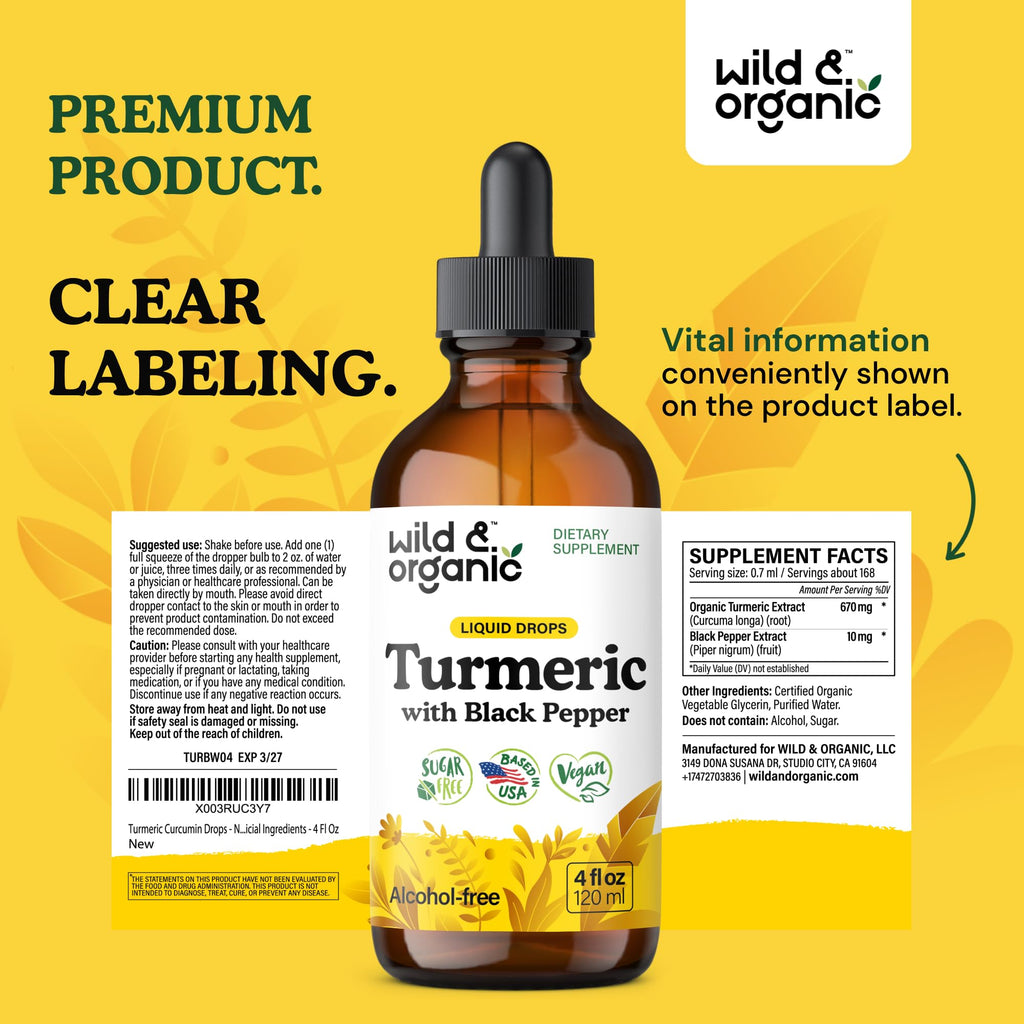 Wild & Organic Turmeric Curcumin Supplement with Black Pepper - Movement & Immune Support - Liquid Turmeric Curcumin with Black Pepper - Add to Tea Drops - Vegan, Sugar & Alcohol-Free Tincture - 2 oz