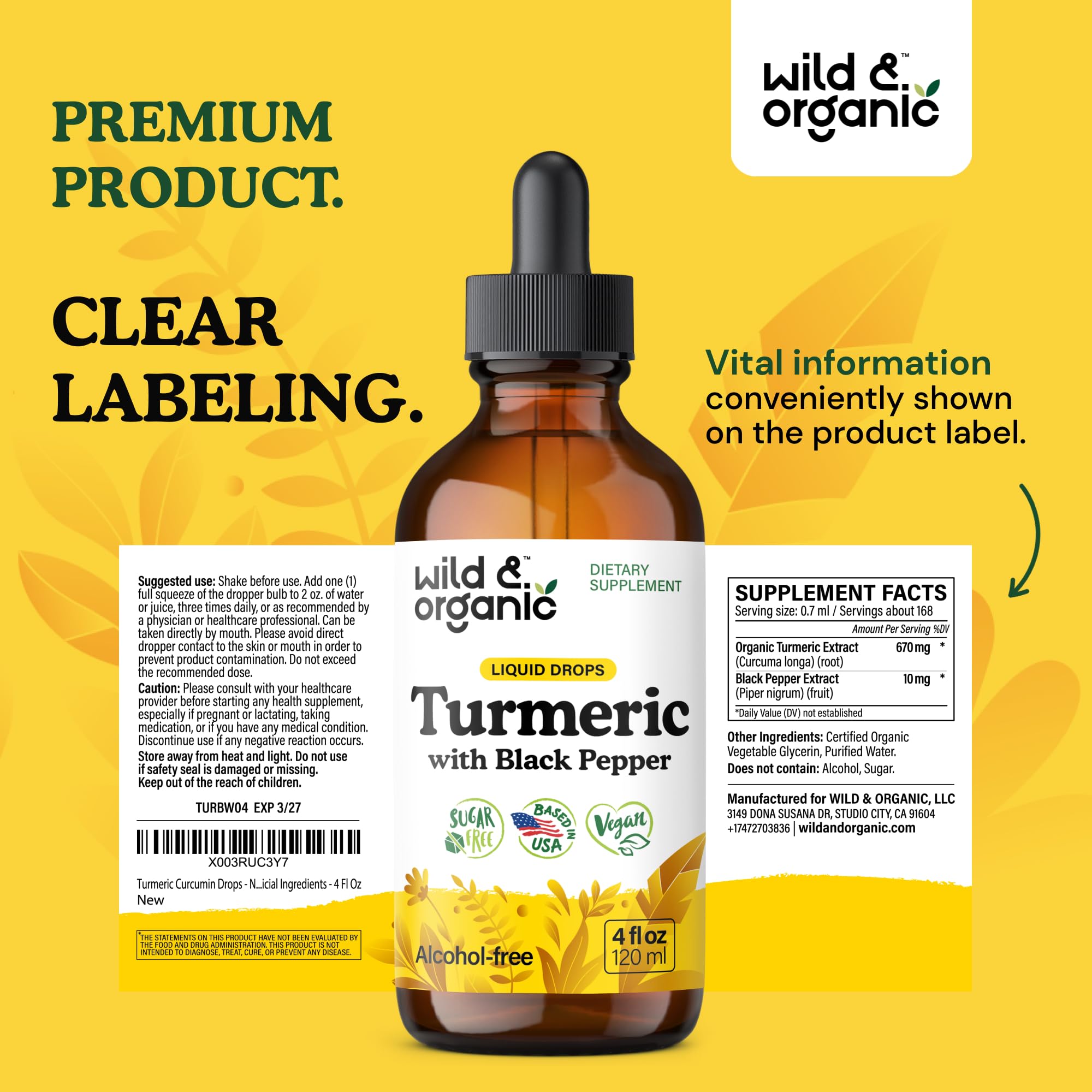 Wild & Organic Turmeric Curcumin Supplement with Black Pepper - Movement & Immune Support - Liquid Turmeric Curcumin with Black Pepper - Add to Tea Drops - Vegan, Sugar & Alcohol-Free Tincture - 2 oz