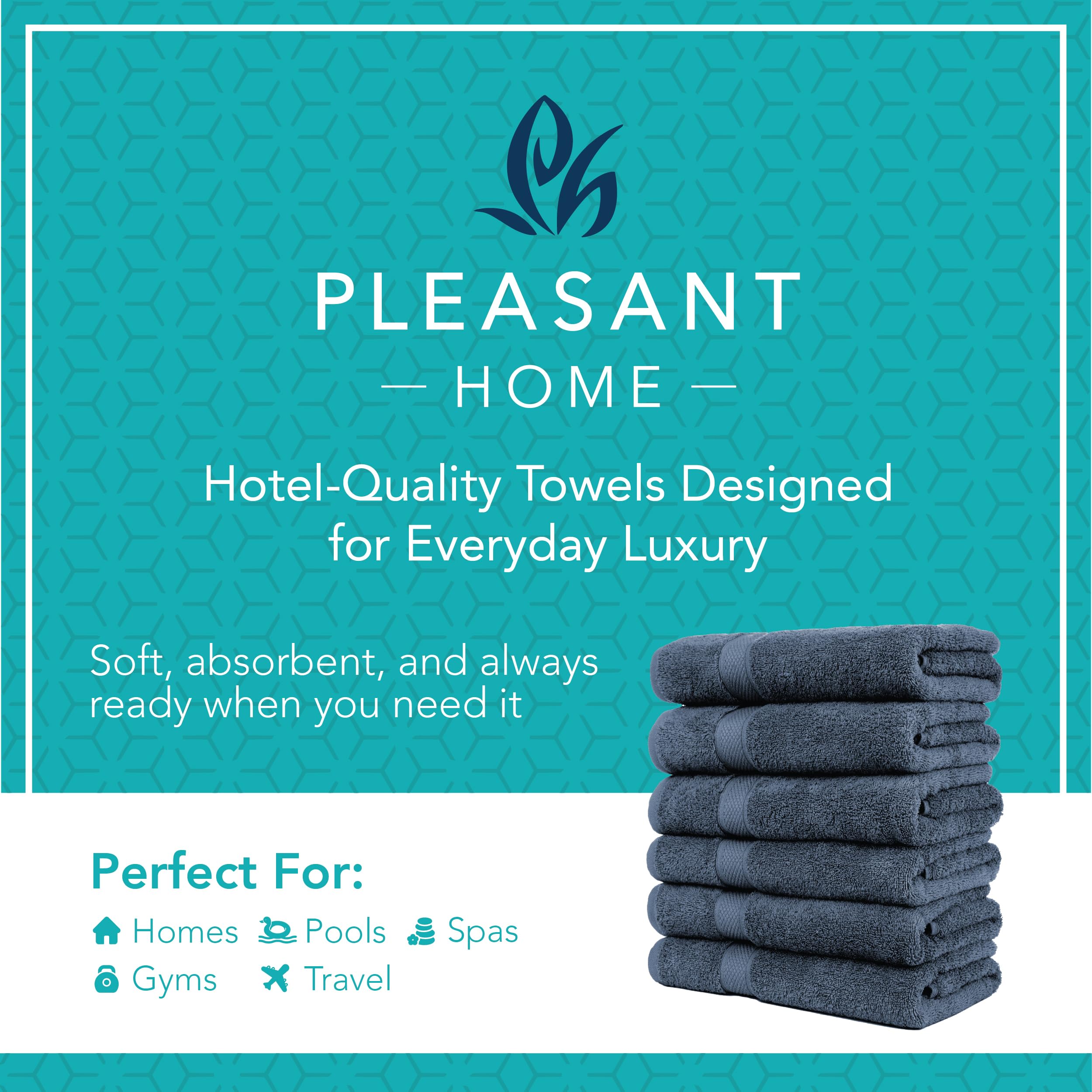 Pleasant Home Bath Towels Set of 6 (24” x 50”) 100% Cotton, 515 GSM | Lightweight, Soft & Highly Absorbent Luxury Towels for Bathroom | for Gym, Pool & Spa | 6 Pack, Gray