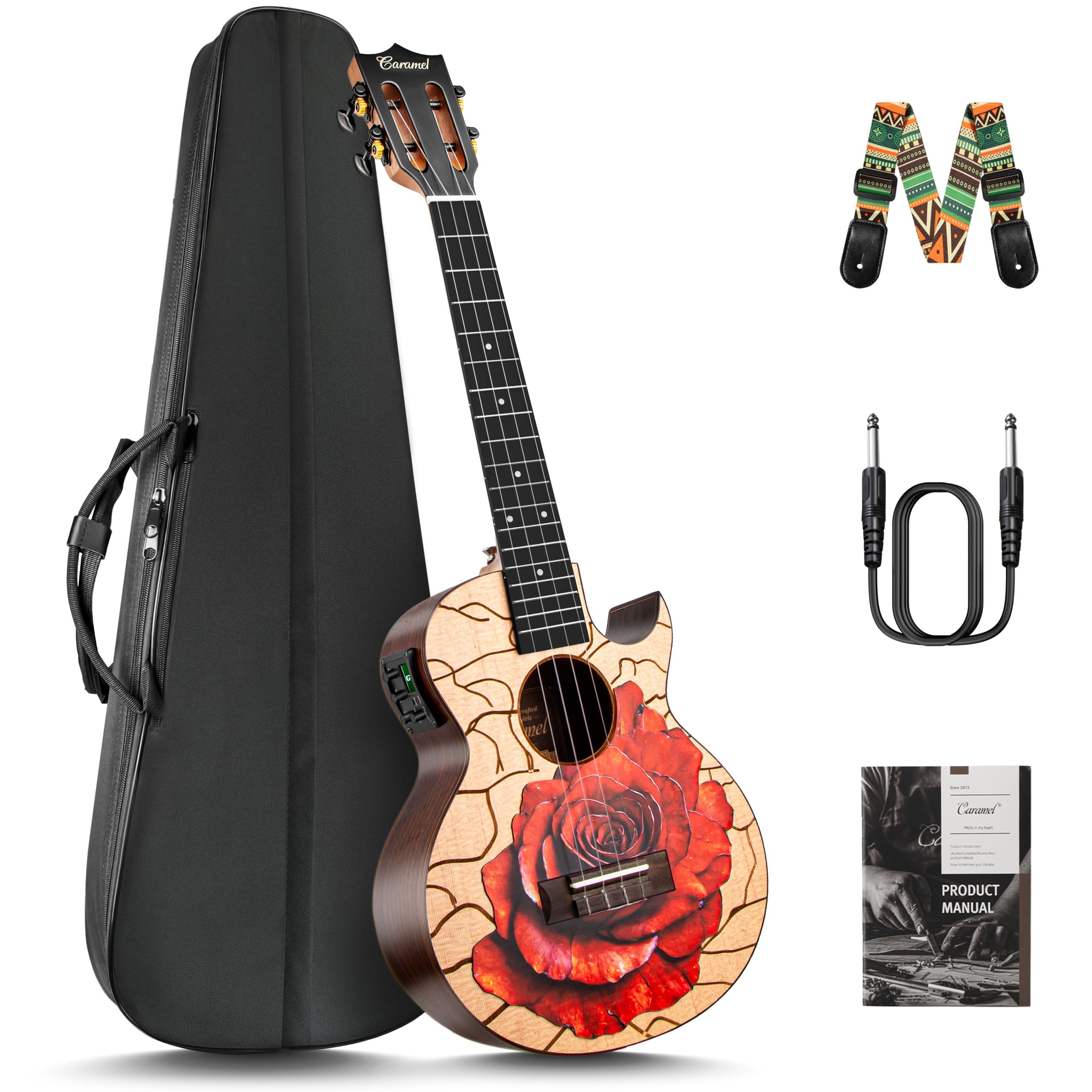 Caramel TEG95 Butterfly Bocote Glossy Tenor Acoustic & Electric Ukulele | 26-inch Handmade Professional Ukelele Kit with Accessories