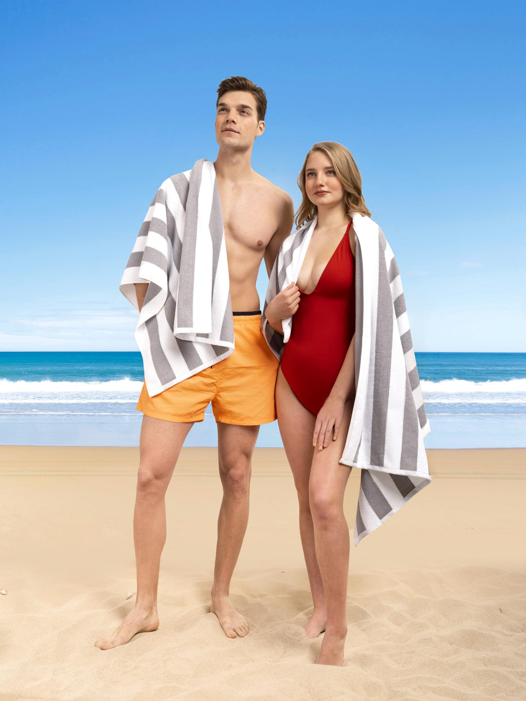 American Soft Linen Cabana Striped Beach Towels, 30x60 inch 4 Piece Oversize Pool Towels, Quick Drying Sand Free Swim Towels, Beige