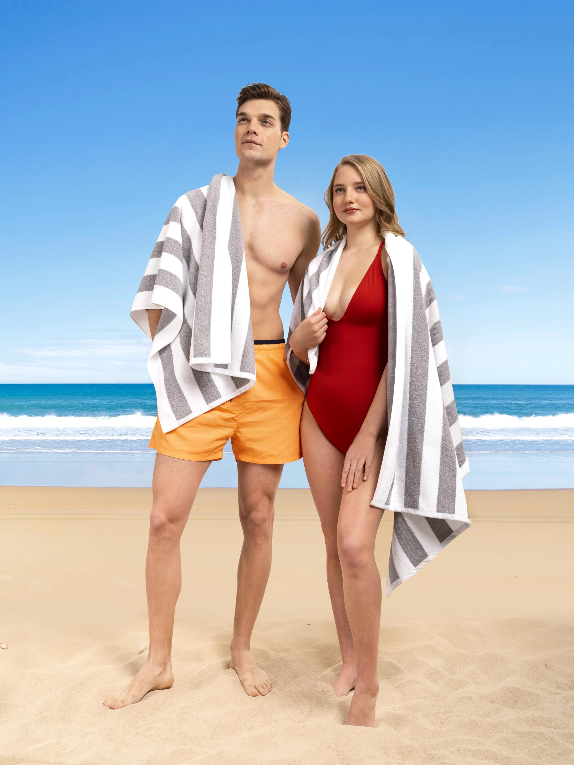 American Soft Linen Cabana Striped Beach Towels, 30x60 inch 4 Piece Oversize Pool Towels, Quick Drying Sand Free Swim Towels, Beige
