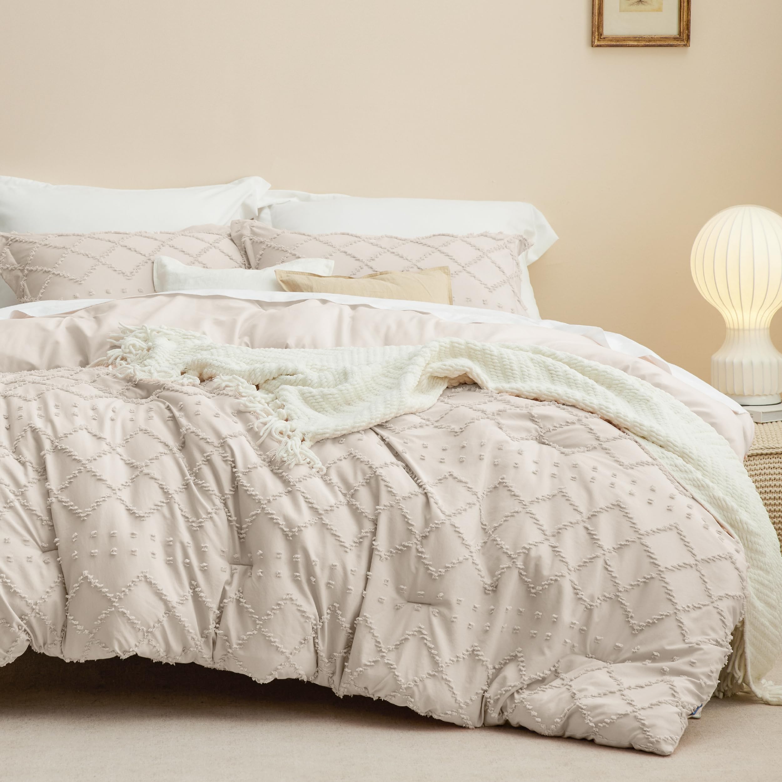 Bedsure Twin Comforter Set - White Boho Twin Comforter, Distressed Vintage Dorm Bedding Set for Kids, 2 Pieces Modern Farmhouse-Style Bed Set, Includes 1 Pillow Sham
