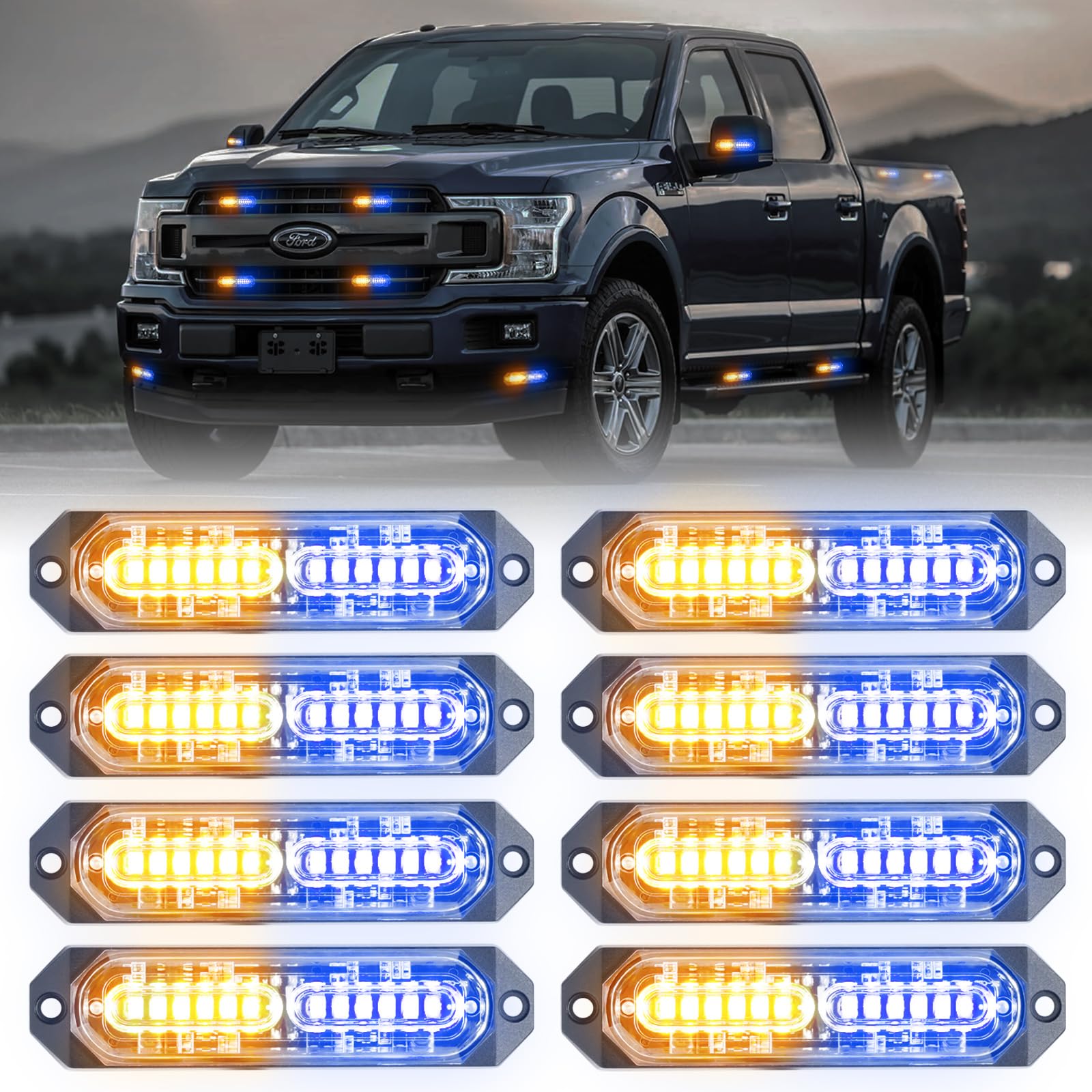 8-Pcs 12 LED Sync Feature Emergency Strobe Grille Lights Ultra Slim Surface Mount Hazard Warning Flashing Light Bar for Firefighter/Construction/Police/Trucks/Vehicles/Car/SUV (Amber/White)
