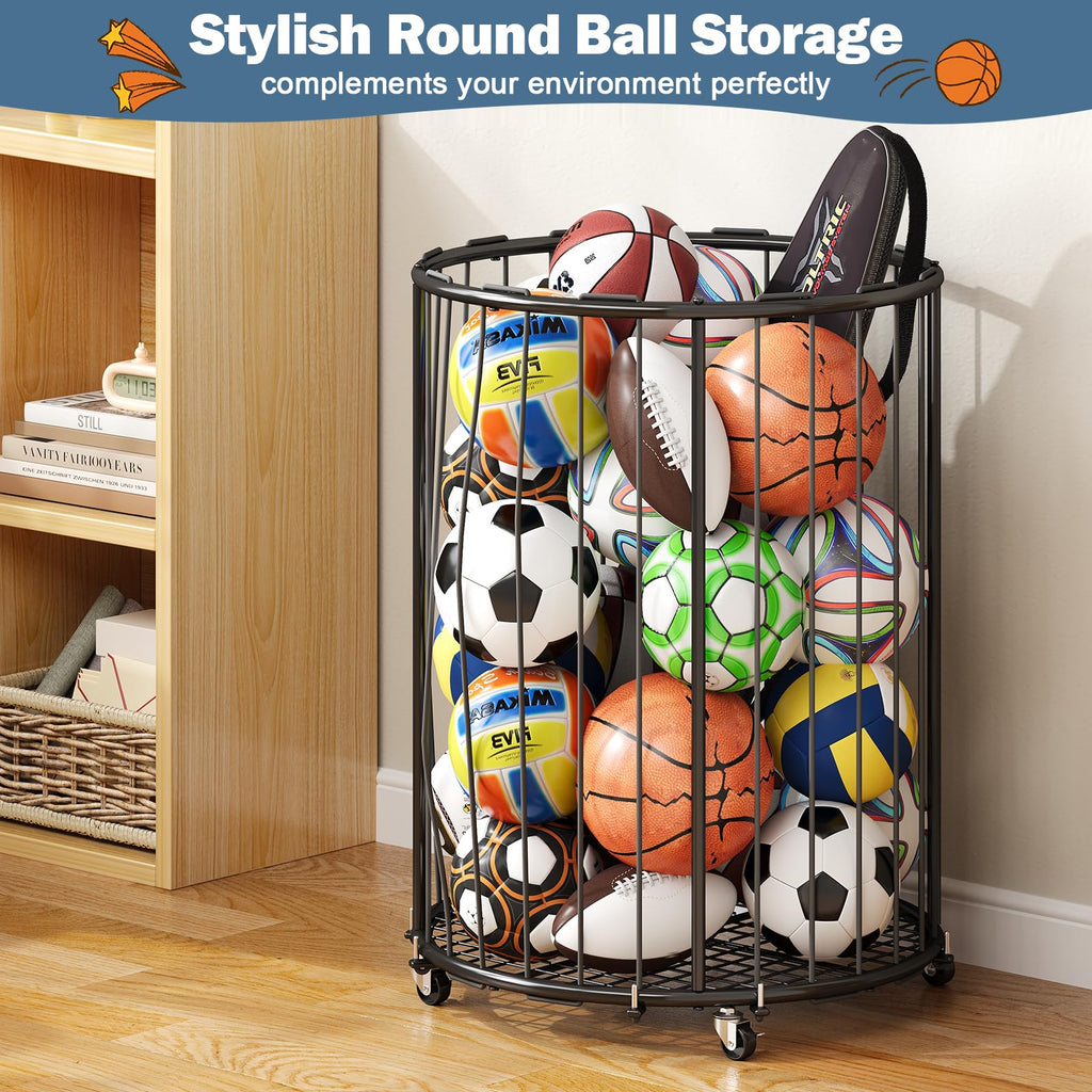 Hencawima Garage Ball Storage: Round Sports Equipment Organizer with Wheels, Sports Ball Rack With Elastic Rope, Ball Holder for Basketball, Soccer, Volleyball, Football, Garage, Gym, Outdoor (Black)