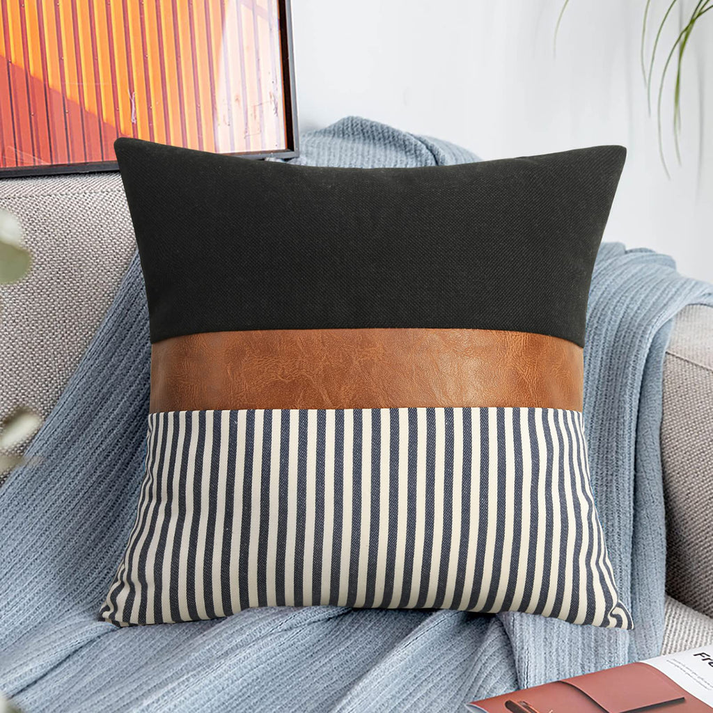 16x16 inch Pillow Covers Set of 2 Farmhouse Decor Stripe Patchwork Linen Throw Pillow Covers Modern Faux Leather Covers for Couch Sofa,Black