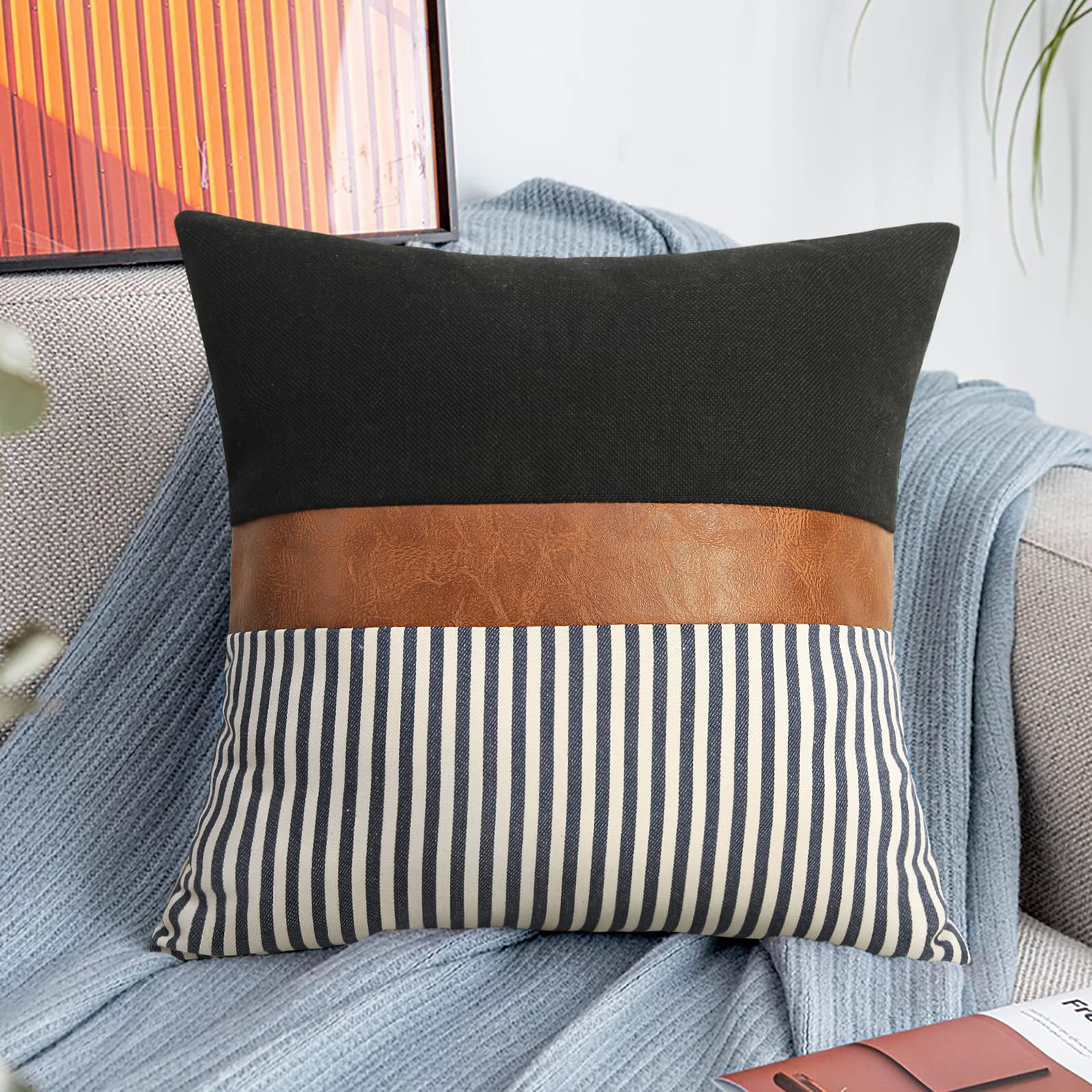 16x16 inch Pillow Covers Set of 2 Farmhouse Decor Stripe Patchwork Linen Throw Pillow Covers Modern Faux Leather Covers for Couch Sofa,Black
