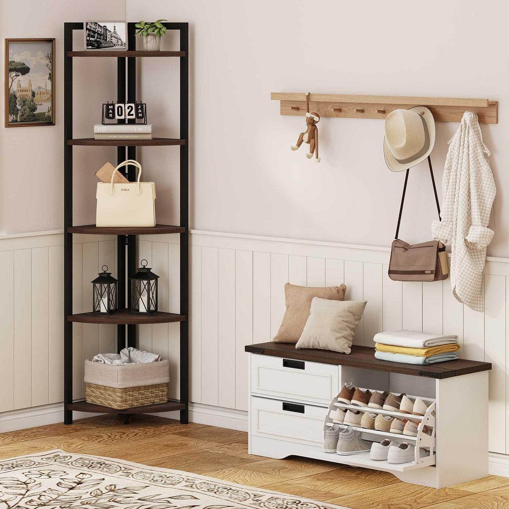 FATORRI Entryway Bench with Storage, 41 Inch Shoe Storage Bench, Industrial Wood Shoe Bench for Entry Way, Living Room, Bedroom and Mudroom (Black)