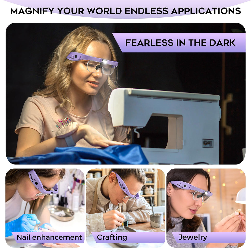 Magnifying Glass with Light 1.5X to 5.0X, Rechargeable Magnifying Glasses Head Magnifier, Lighted Magnify Glass with 4 Detachable Lenses, Magnifier Headset for Close Work Hobbies Jewelry