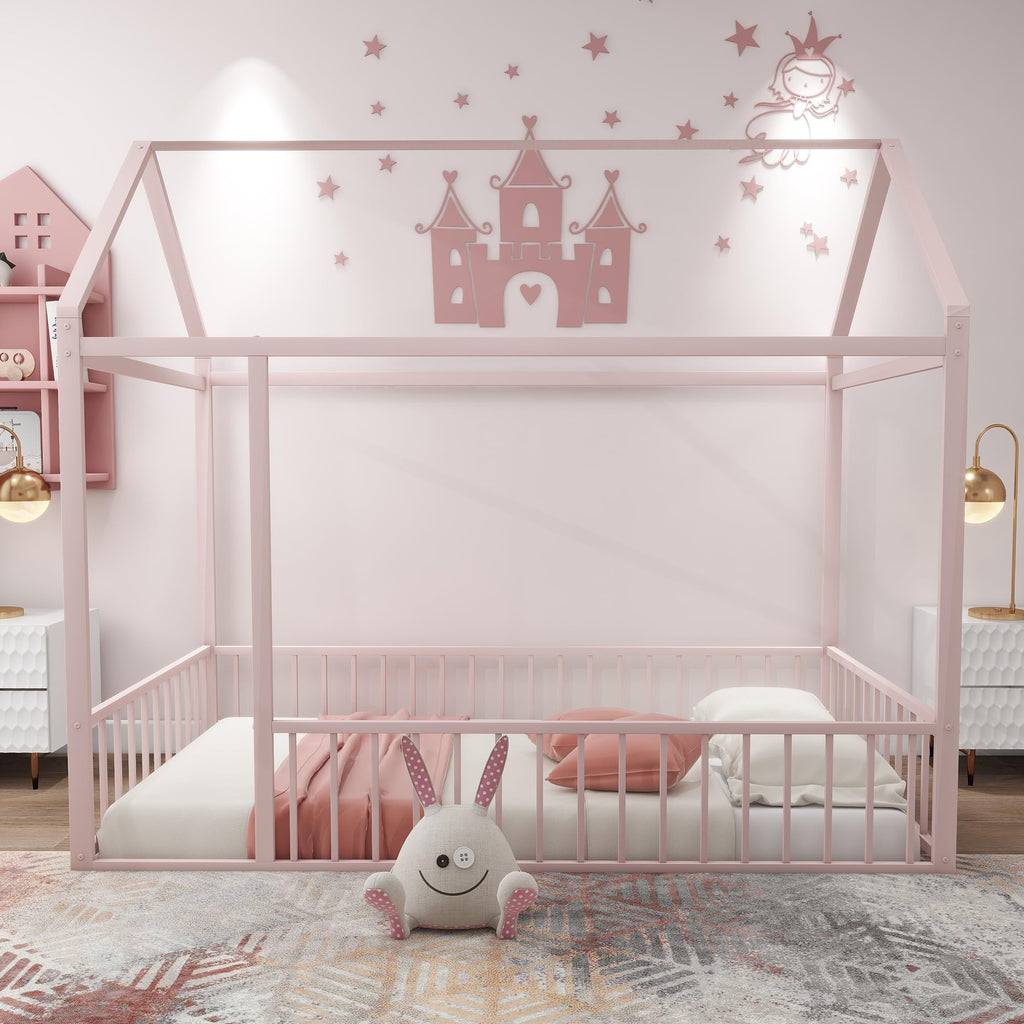 Bellemave Twin Size Montessori Floor Bed, Metal House Bed Framefor Kids, Montessori Floor Beds with Fence, Playhouse for Kids,Black