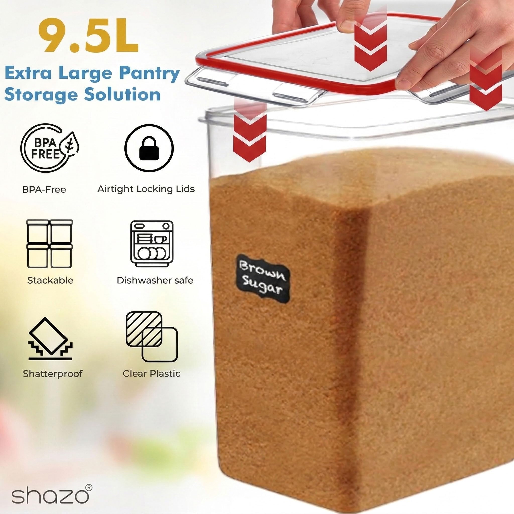 Shazo 2 PC (9.5L | 321 Oz) Extra Large Bulk Food Storage Containers with Airtight Lids for Flour, Sugar, Rice, Cereal & Pasta - Leakproof, BPA-Free Plastic Canisters for Kitchen & Pantry Organization