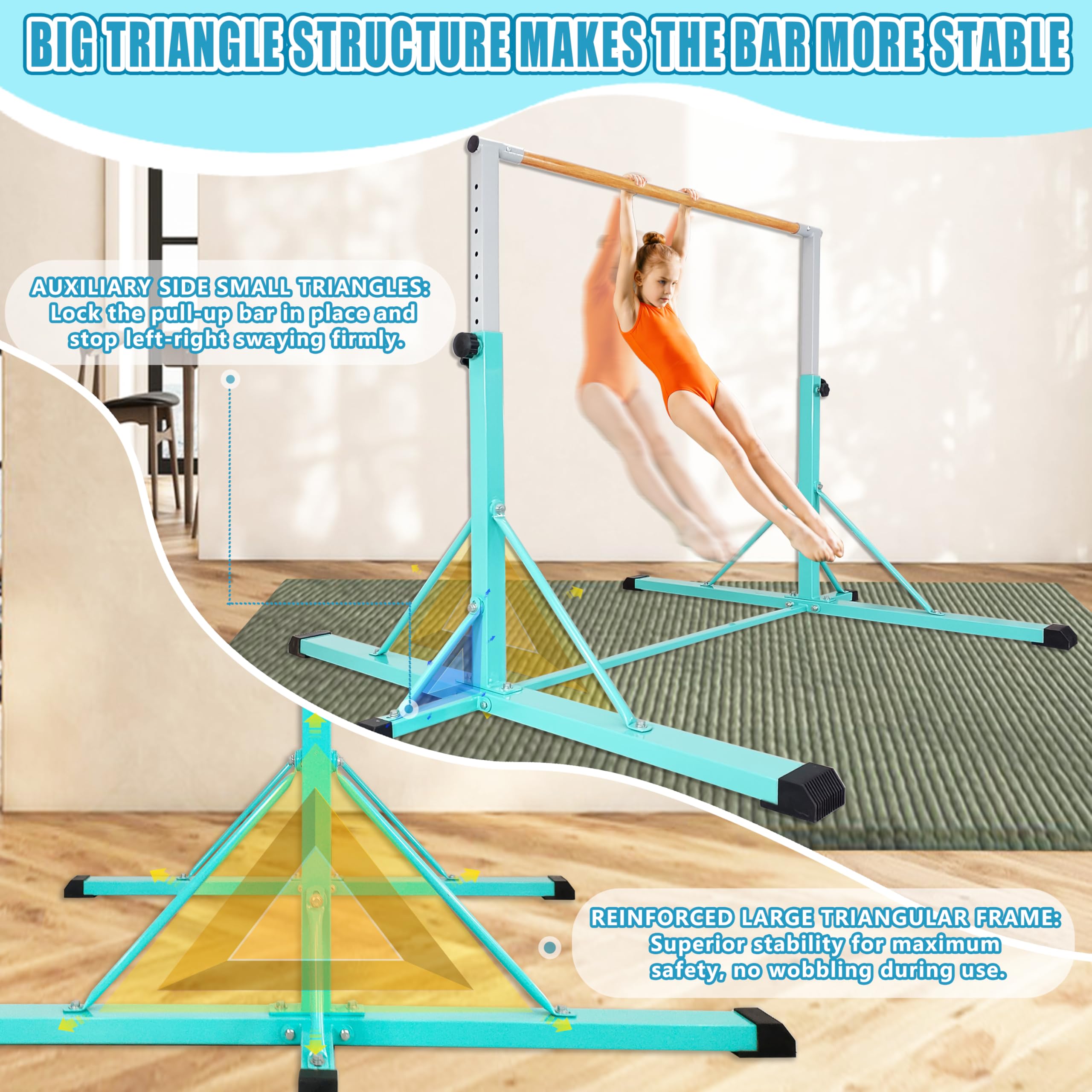 FC FUNCHEER Gymnastics Bar for Kids Ages 3-15, 35" to 60" Adjustable Height, 4FT Wide Base - Professional Kip Bar with 360° Stability & Fiberglass Crossbar, Easy Fold&Solid Design for Home Training