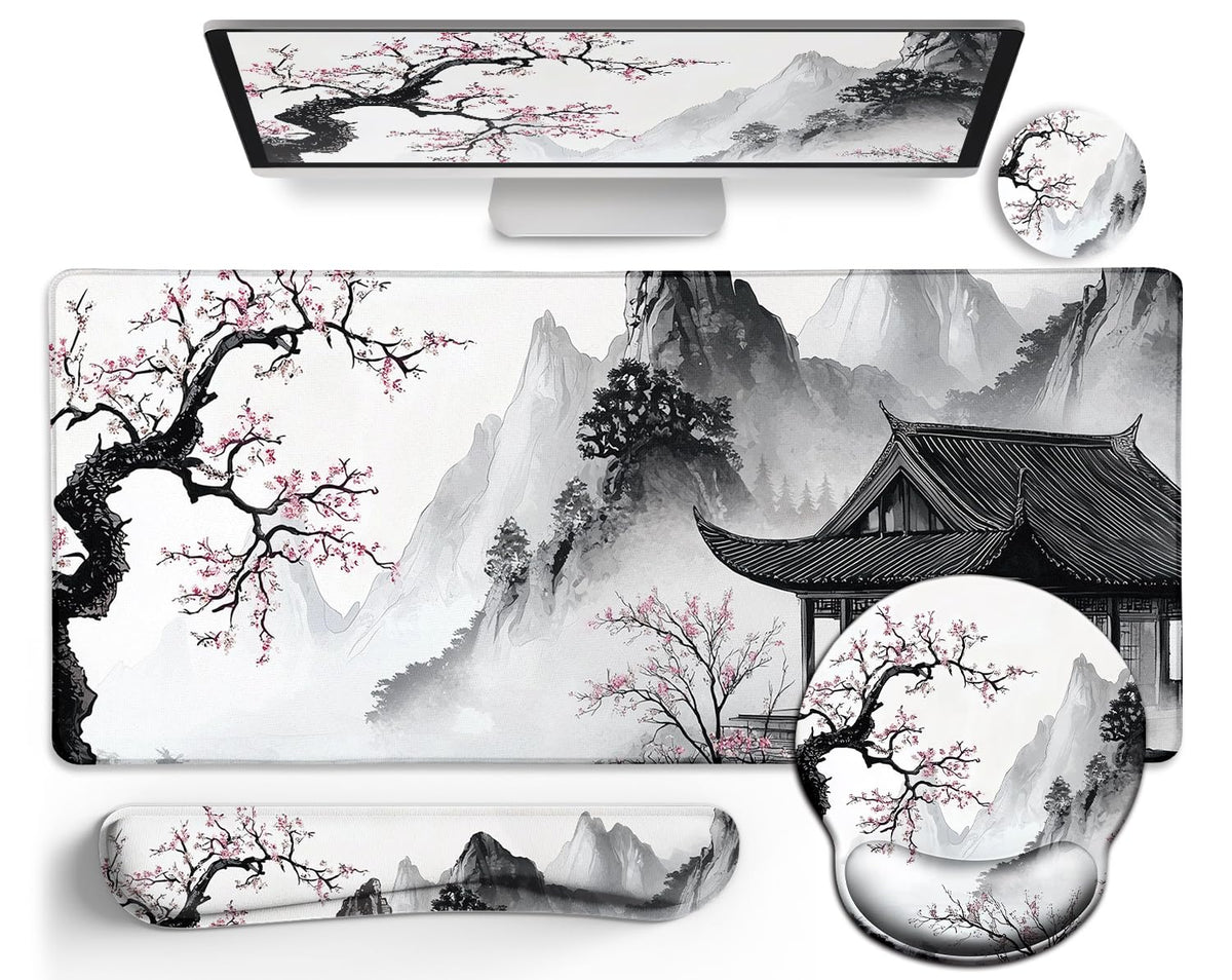 Black Striped Ergonomic Large Desk Mat Set with Wrist Rest