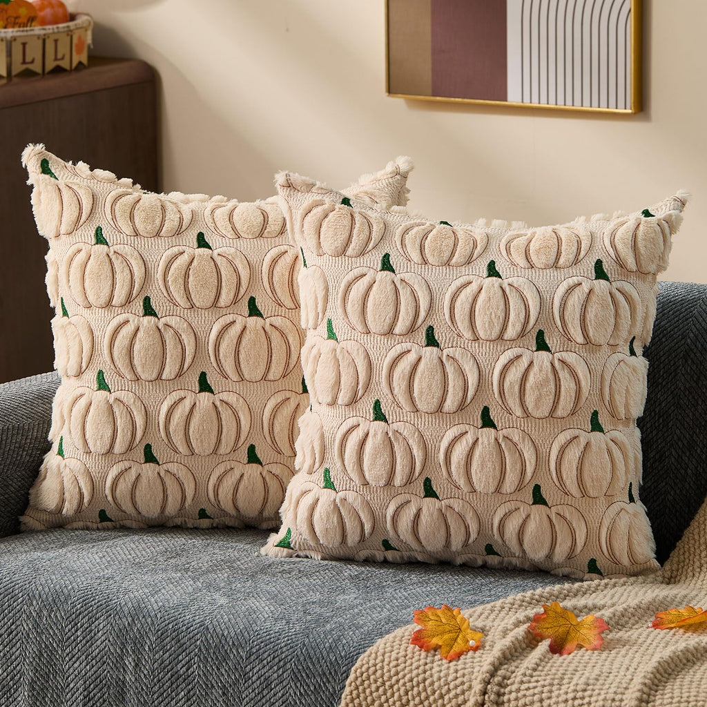 DFXSZ Fall Pillow Covers 16x16 Set of 2 Fall Decorations Autumn Beige Pumpkin Throw Pillow Cases Soft Plush Faux Fur Wool Couch Cushion Case for Chair Sofa Bedroom Living Room Home Decor PTK02B16