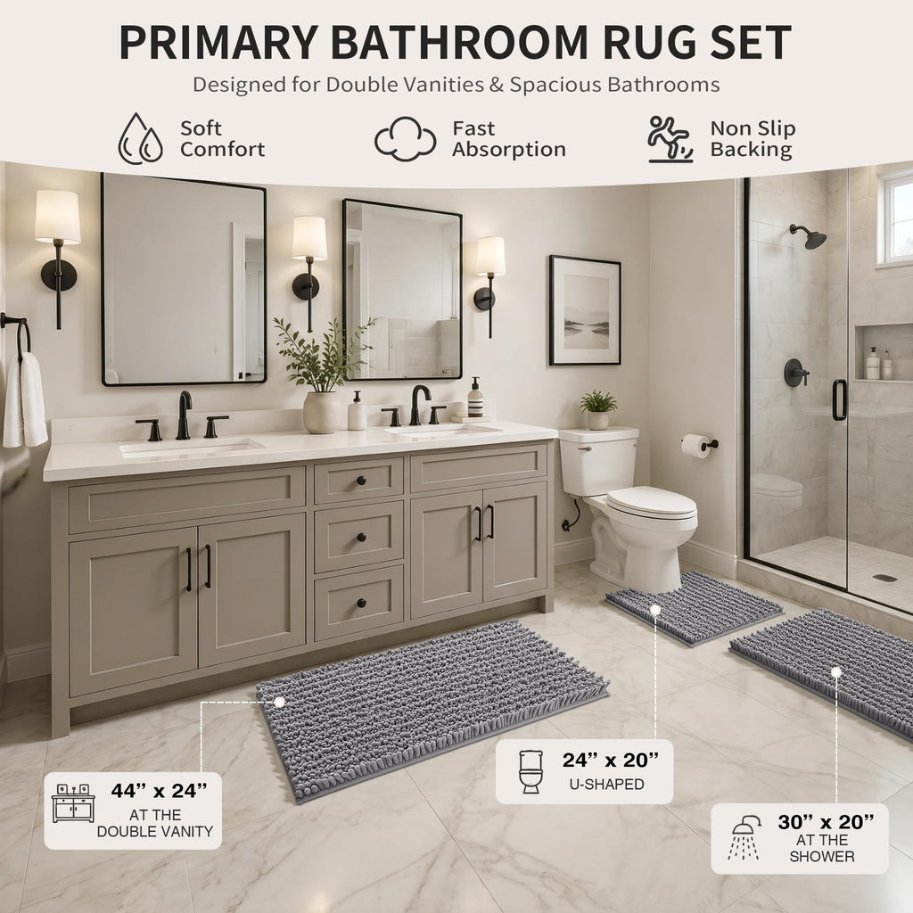 Yimobra Black Bathroom Rug Set 3 Piece - Super Absorbent Quick Dry Chenille Bath Mats & Toilet Rug, Non Slip Machine Washable, Extra Thick Shaggy Floor Mat for Shower Tub Sink