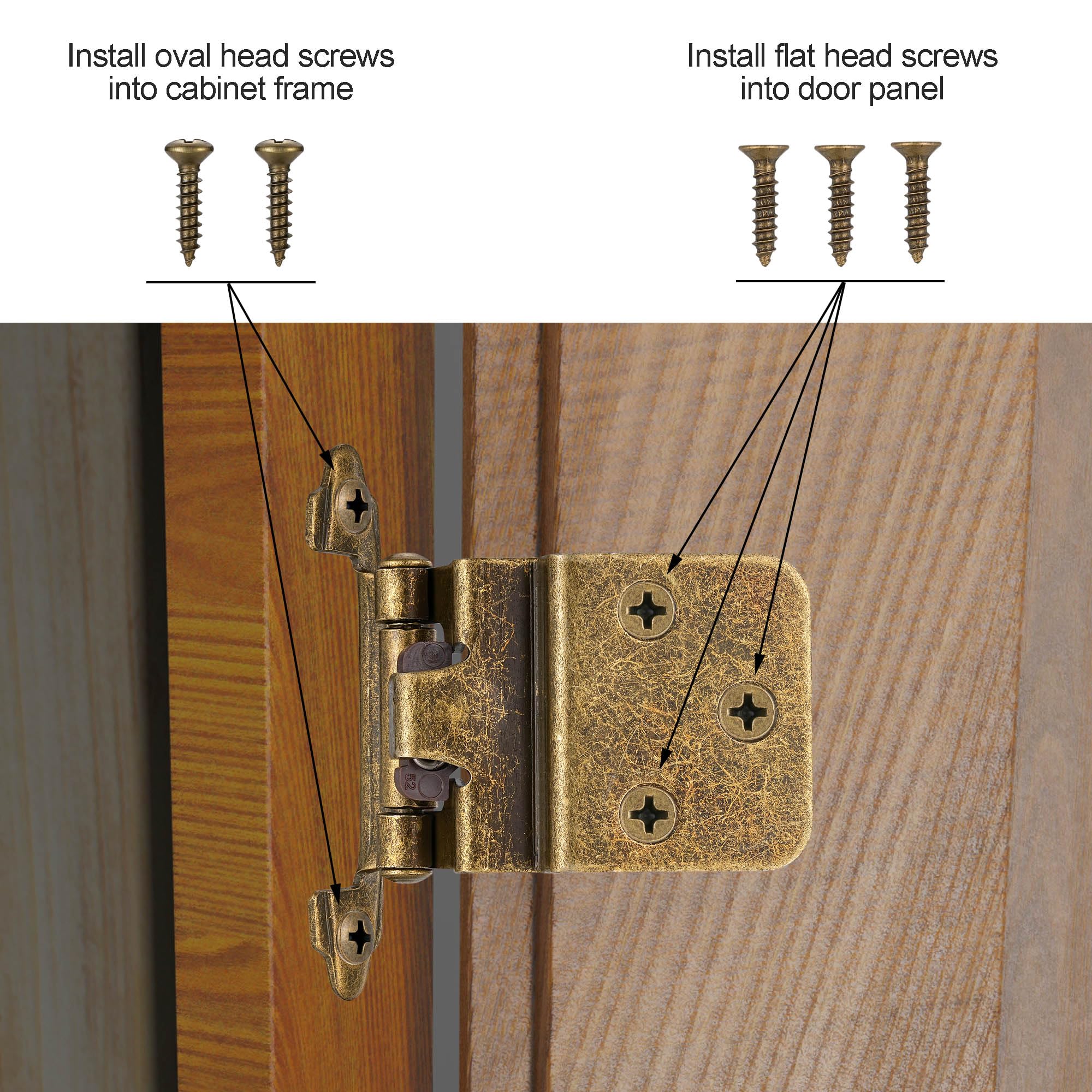 4 Pack (2 Pairs) Antique Brass Self Closing Cabinet Hinges for Kitchen Cabinet Door, 1/2" Overlay (Variable) Semi Concealed Kitchen Cabinet Hinges