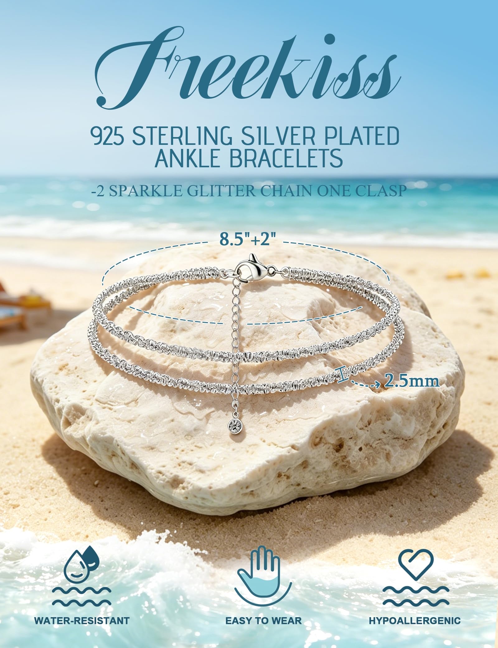 Freekiss Sterling Silver Ankle Bracelets for Women: Dainty Layered Waterproof Anklet for Women Adjustable Womens Anklet Set Stackable Figaro Beaded Cuban Link Anklets Beach Jewelry for Women