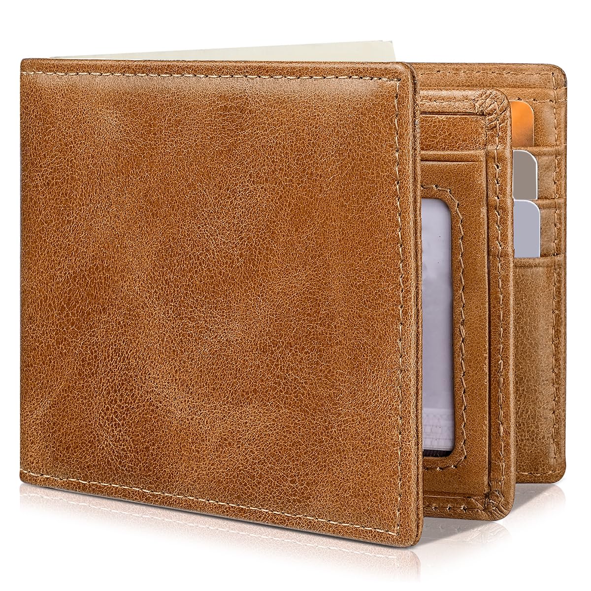 Artpaxy Mens Wallet Genuine Leather Bifold RFID Blocking Wallet for Men with 1 ID Window 13 Card Holders 2 cash pockets 1 Gift Box
