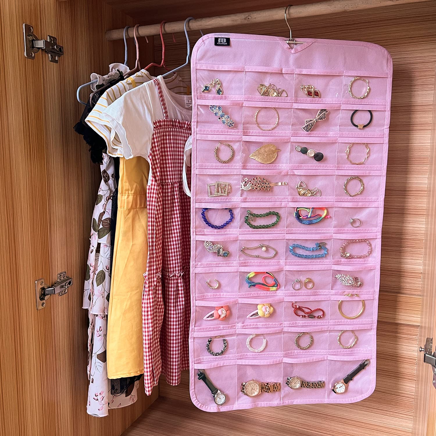 BB Brotrade Hanging Jewelry Organizer,Accessories Organizer,80 Pocket Organizer for Holding Jewelries（Beige）