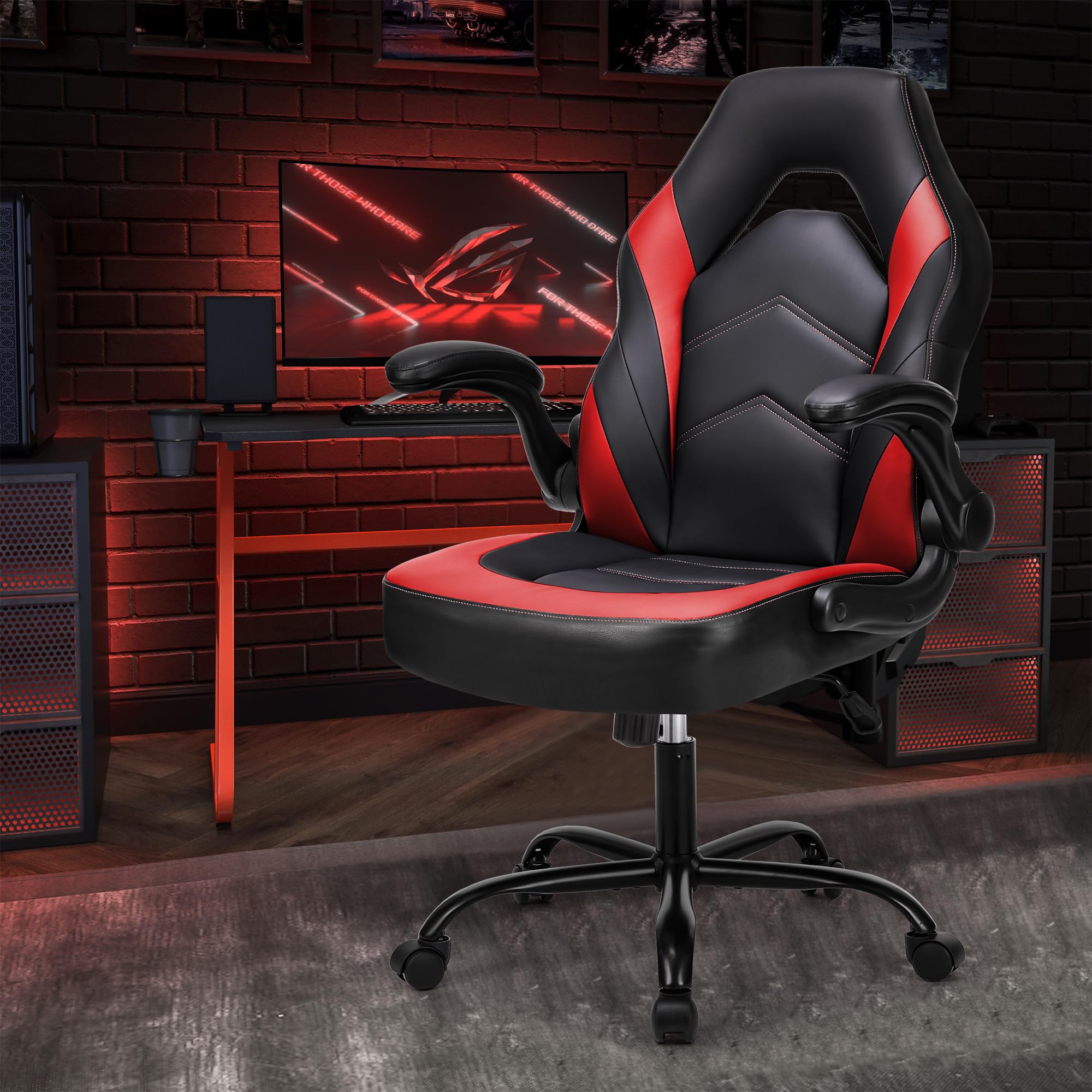 OLIXIS Computer Gaming Desk Chair - Ergonomic Video Game with Comfy Lumbar Support and headrest, PU Leather with Flip-up Arms, Adjustable Height and Swivel Wheels, for Adults, Black