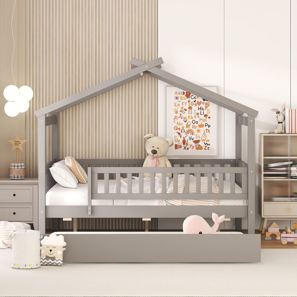 Merax Twin Size Wooden House Bed with Two Drawers, Wood Bed Frame with Roof for Kids, Teens, Boys or Girls, Grey