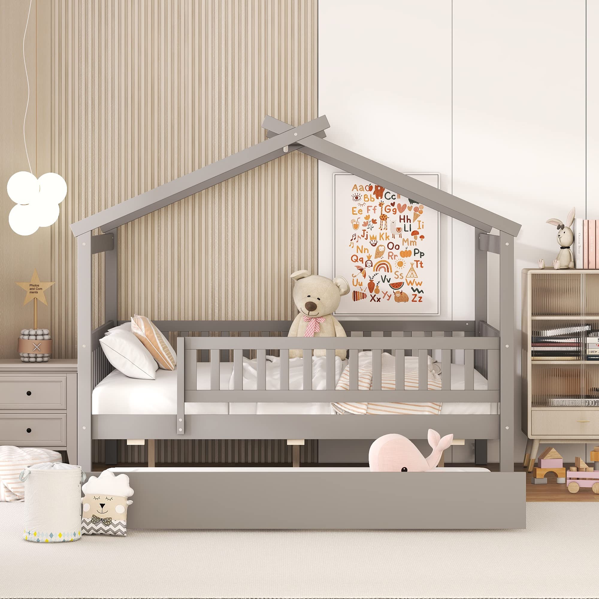 Merax Twin Size Wooden House Bed with Two Drawers, Wood Bed Frame with Roof for Kids, Teens, Boys or Girls, Grey