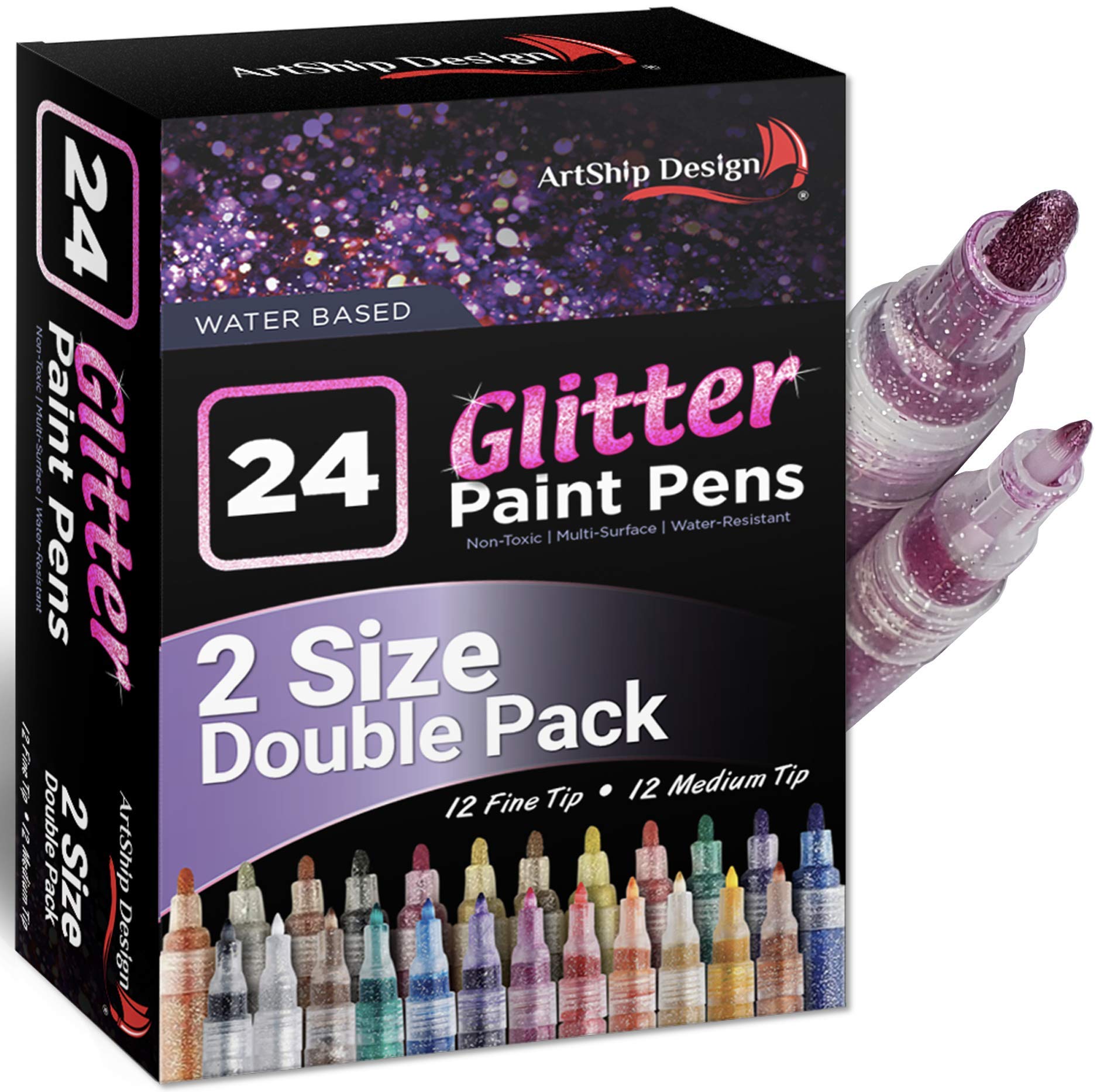 ArtShip Design 10 Black Acrylic Paint Pens, Double Pack of Both Extra Fine and Medium Tip Paint Markers, for Rock Painting, Mug, Ceramic, Glass, and Fabric Painting, Water Based Non-Toxic and No Odor