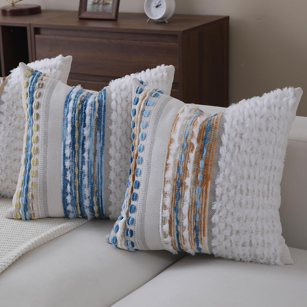 Boho Pillow Covers 18x18 Set of 2 for Couch-Modern Farmhouse Sofa Decorative Throw Pillow Covers Textured Chenille Cushion Covers Outdoor Netural Bohemian Pillow Cases Square