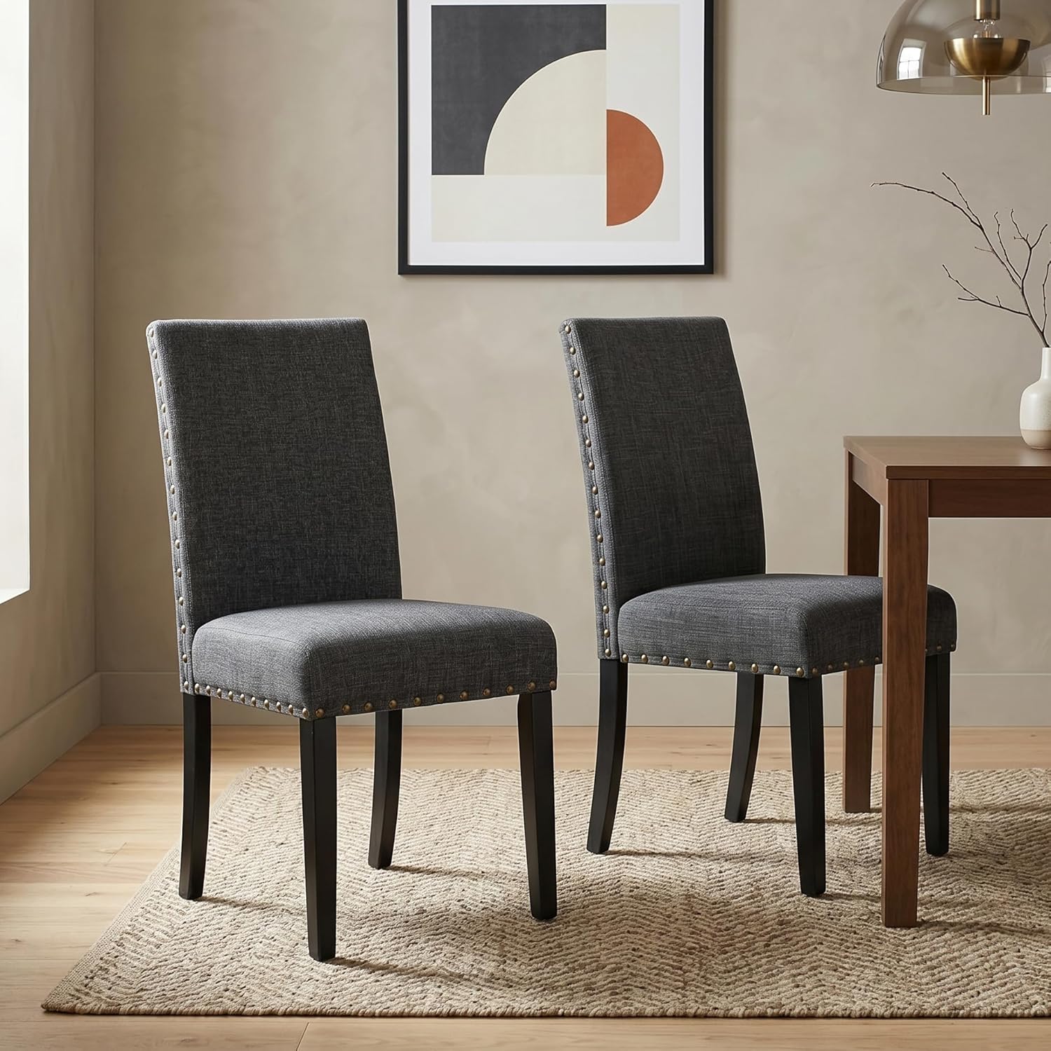 Roundhill Furniture Biony Gray Fabric Dining Chairs with Nailhead Trim, Pack of 2