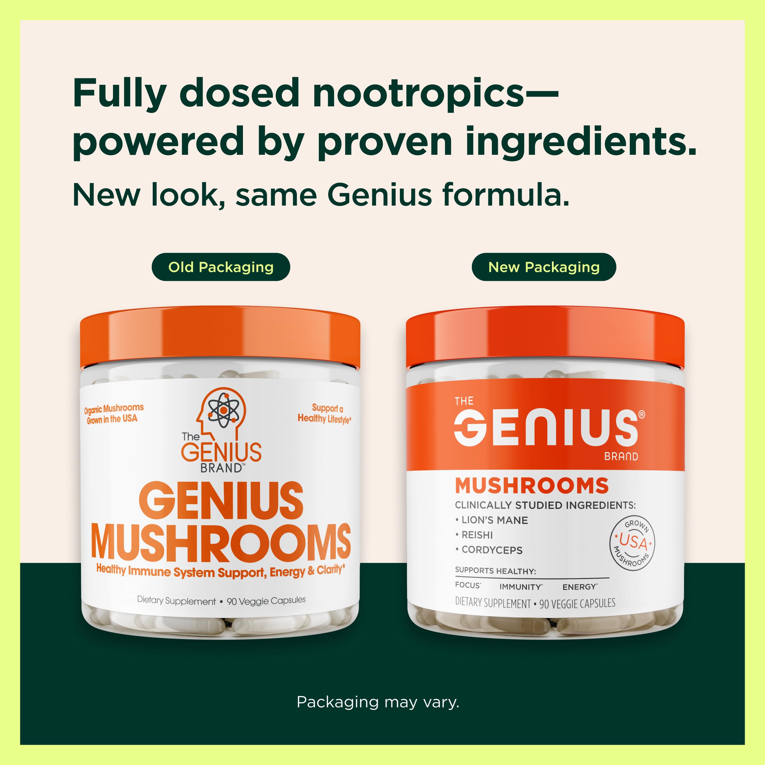 The Genius Brand Genius Mushrooms - Plant-Based Supplement for Immune, Focus & Energy Support - Lion's Mane, Cordyceps & Reishi - Organic & Non-GMO - 90 Veggie Capsules