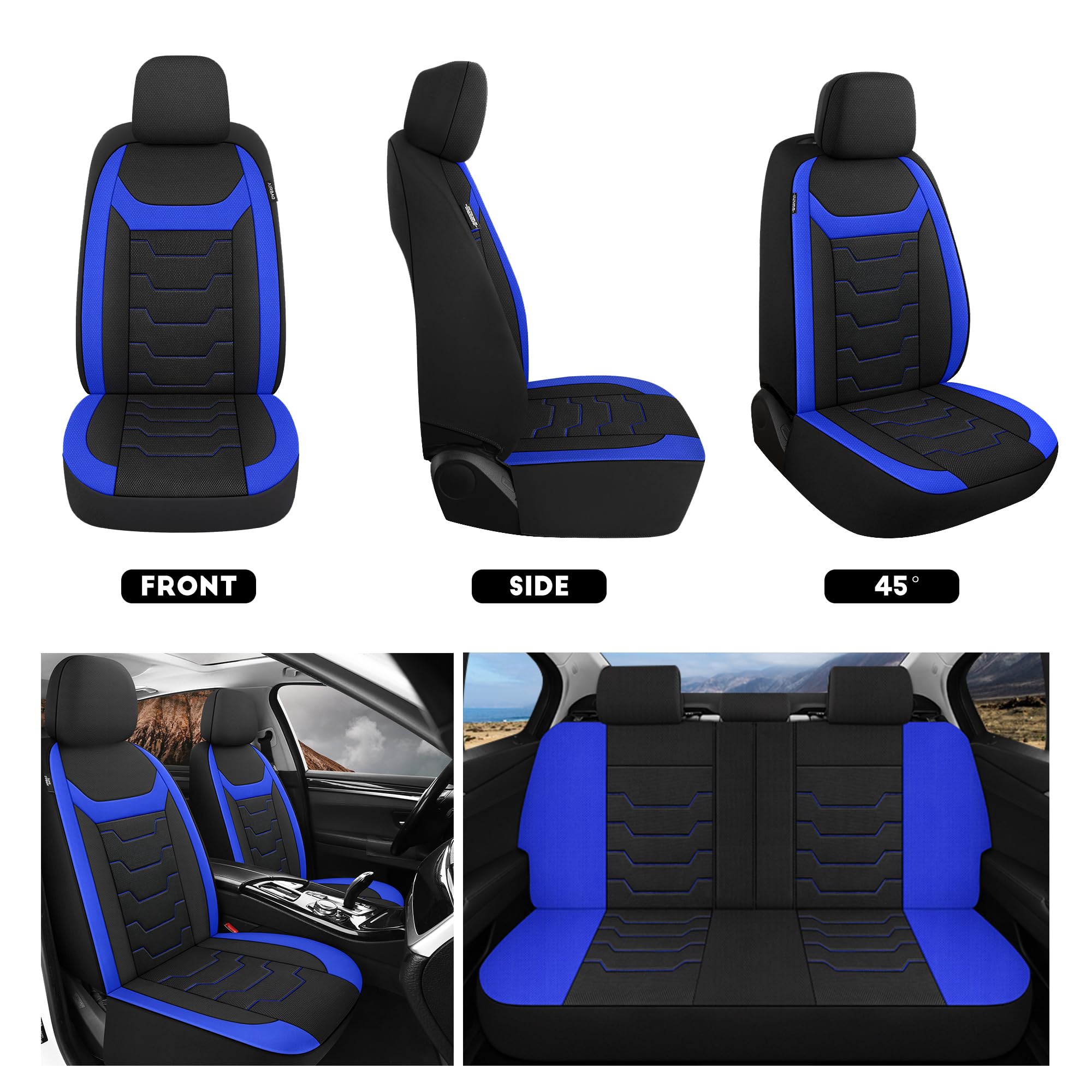 AOKAOK 3D Air-Mesh Car Seat Covers Full Set, Breathable and Split Bench Compatible Seat Covers for Cars, Universal Car Interior Covers for Most Cars Sedan Truck SUV(Black/Blue)