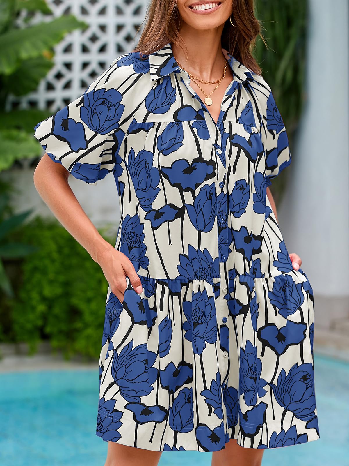 Wenrine Women's Summer Button Down Shirt Dress Floral Puff Short Sleeve Casual Loose Fit Beach Mini Dresses