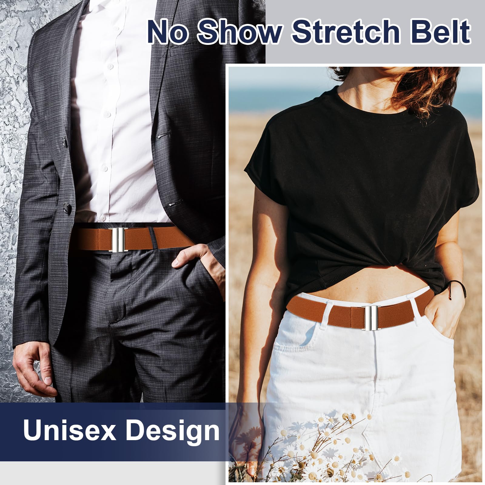TOURZOO No Show Invisible Belt for Women/Men Elastic Web Strap Waist Stretch Belt with Flat Buckle for Jeans Pants Dresses