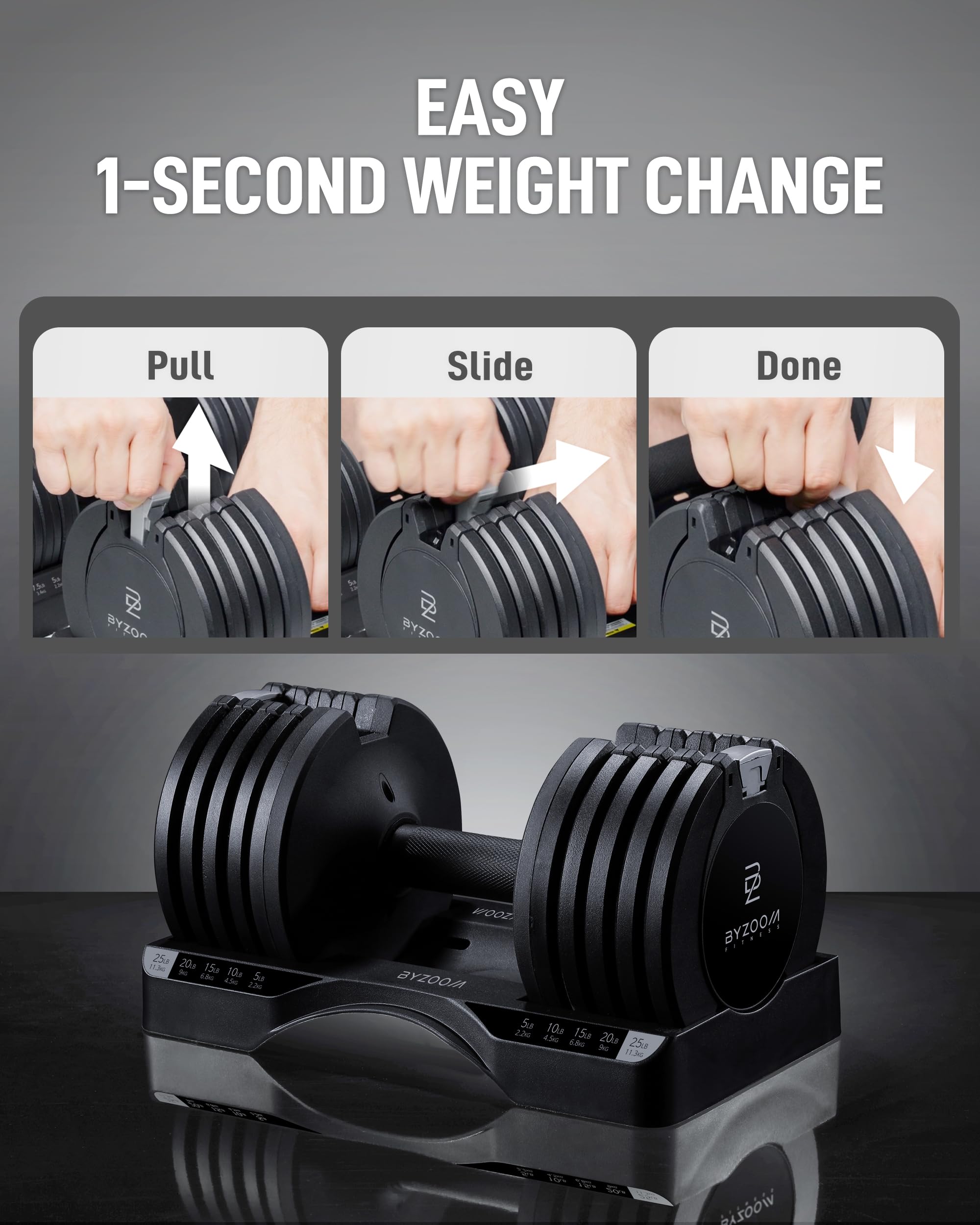 BYZOOM FITNESS Pure Series Adjustable Dumbbell - 12.5/25/27.5/50/55/75lb - ONE UNIT OR PAIR(check QTY before purchase) - 5-in-1/ 10-in-1 / 15-in-1 / 21-in-1 Flexible Hand Weights for Home Apartment Garage Gym, Strength Training & Fitness Workouts, White O
