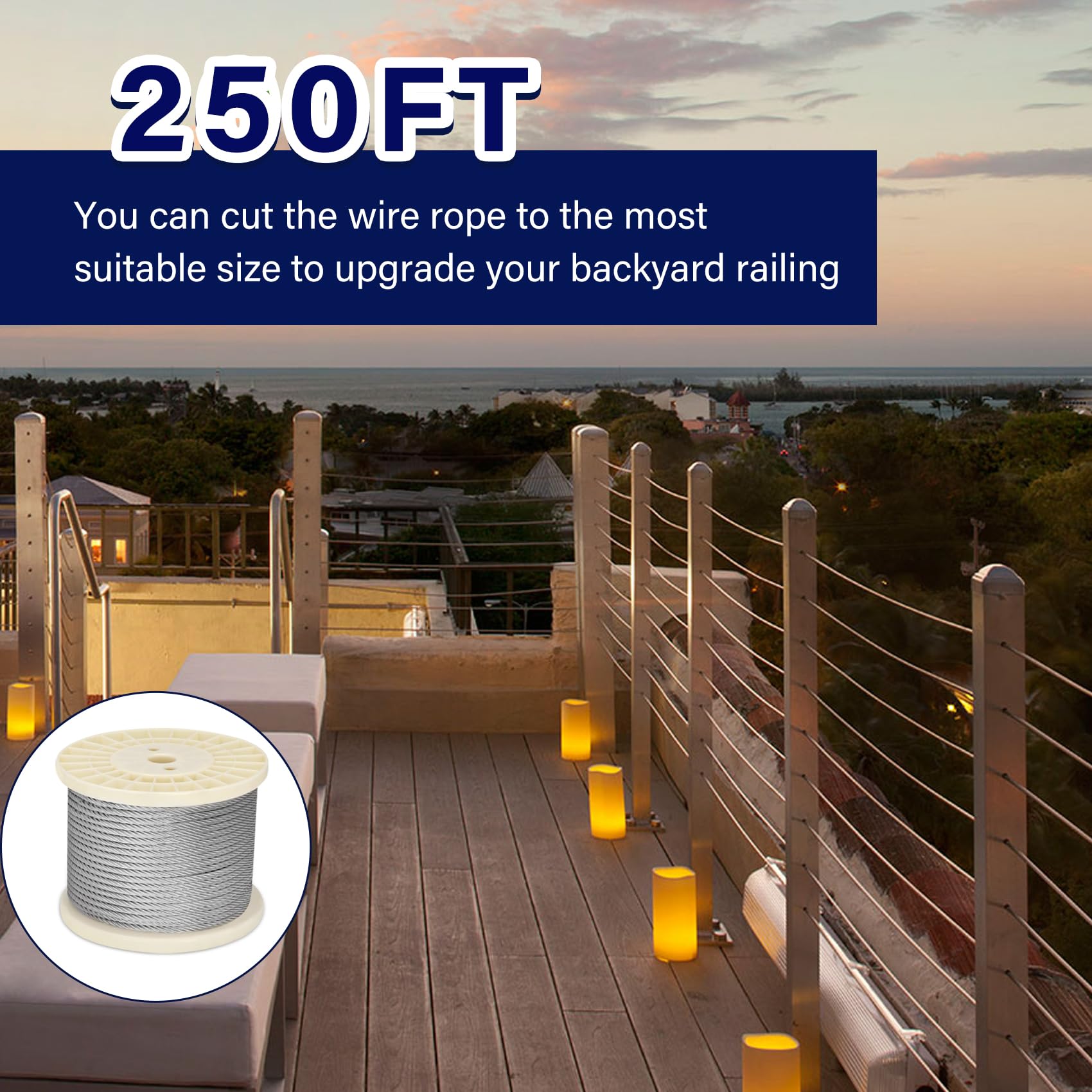 Thickened 3/16" 25ft Stainless Steel Cable with Wire Rope Clip, Thimble and Aluminum Crimping Loop Sleeve, 7X19 Strands Aircraft Cable, 3700lbs Breaking Strength for Deck Railing, String Lights